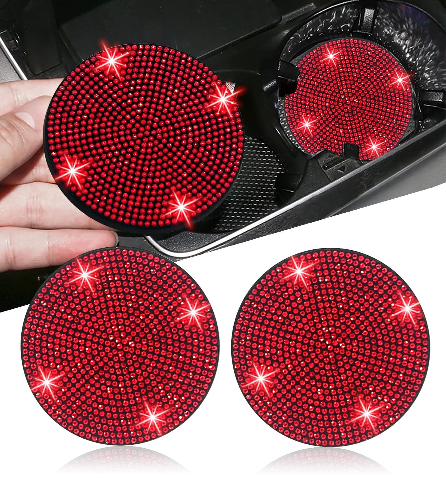 NBTEPEM 2pcs Bling Car Cup Holder Coaster, 2.75 inch Anti-Slip Shockproof Universal Fashion Car Coasters Insert Bling Crystal Rhinestone Automotive Interior Accessories for Women (2 pcs, Red)