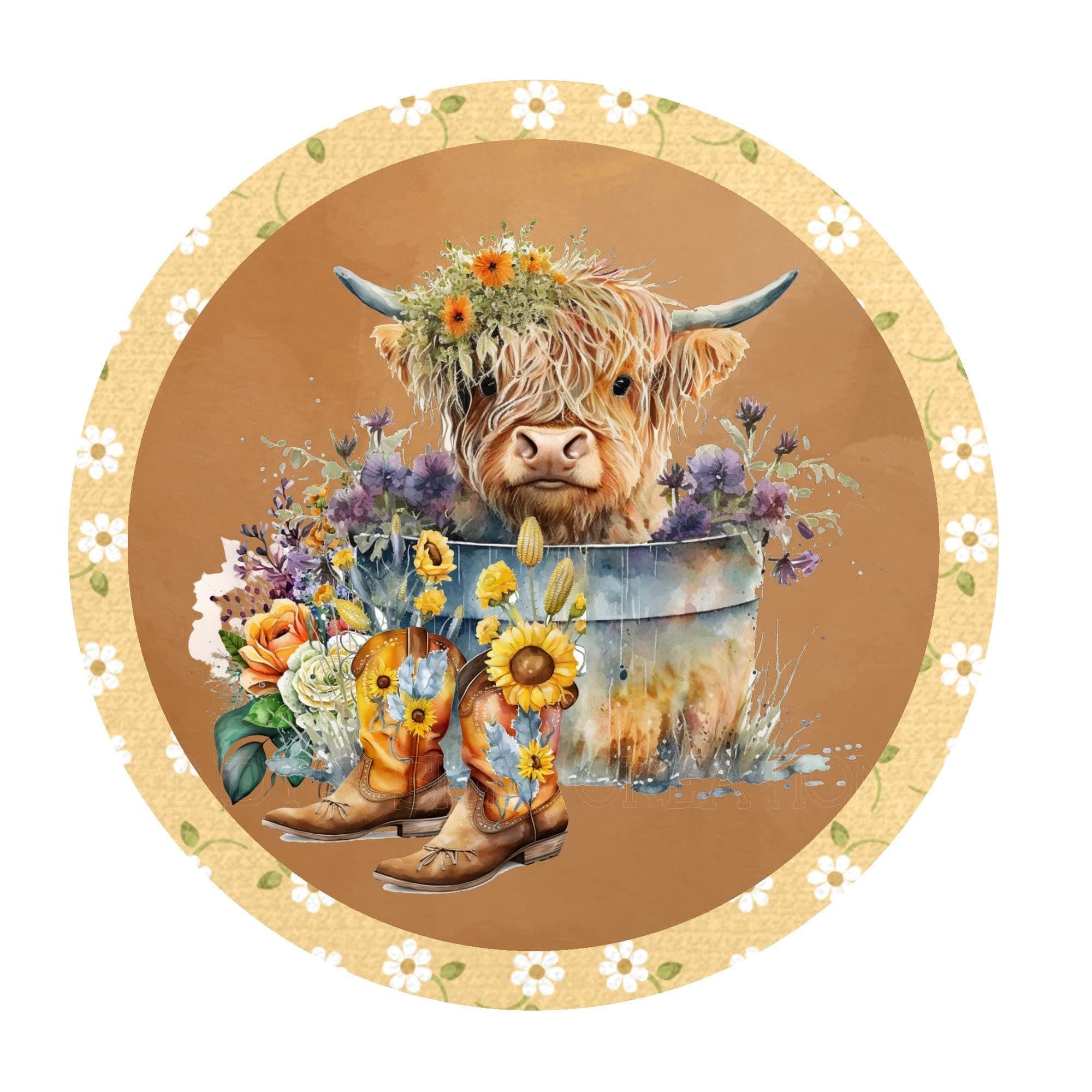 Retro Personalized Round Metal Sign Highland Cow in Planter Wreath Sign, Metal Wreath Sign, Signs for Wreaths, Round Wreath Sign, lindys Sign Creations 12x12 inch