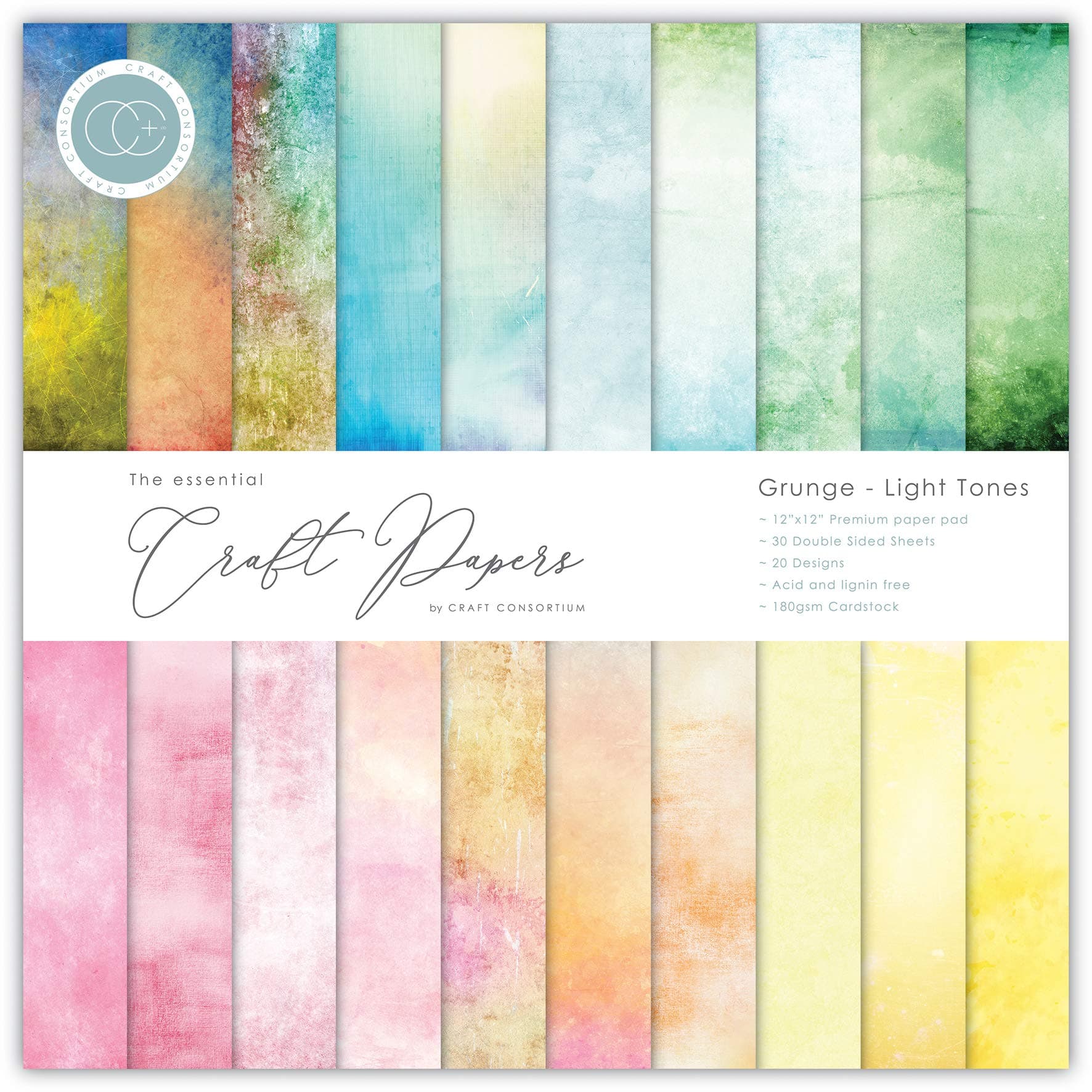 Craft Consortium Double-Sided Paper Pad 12"X12" 30/Pkg-Grunge-Light Tones, 20 Designs, Multi