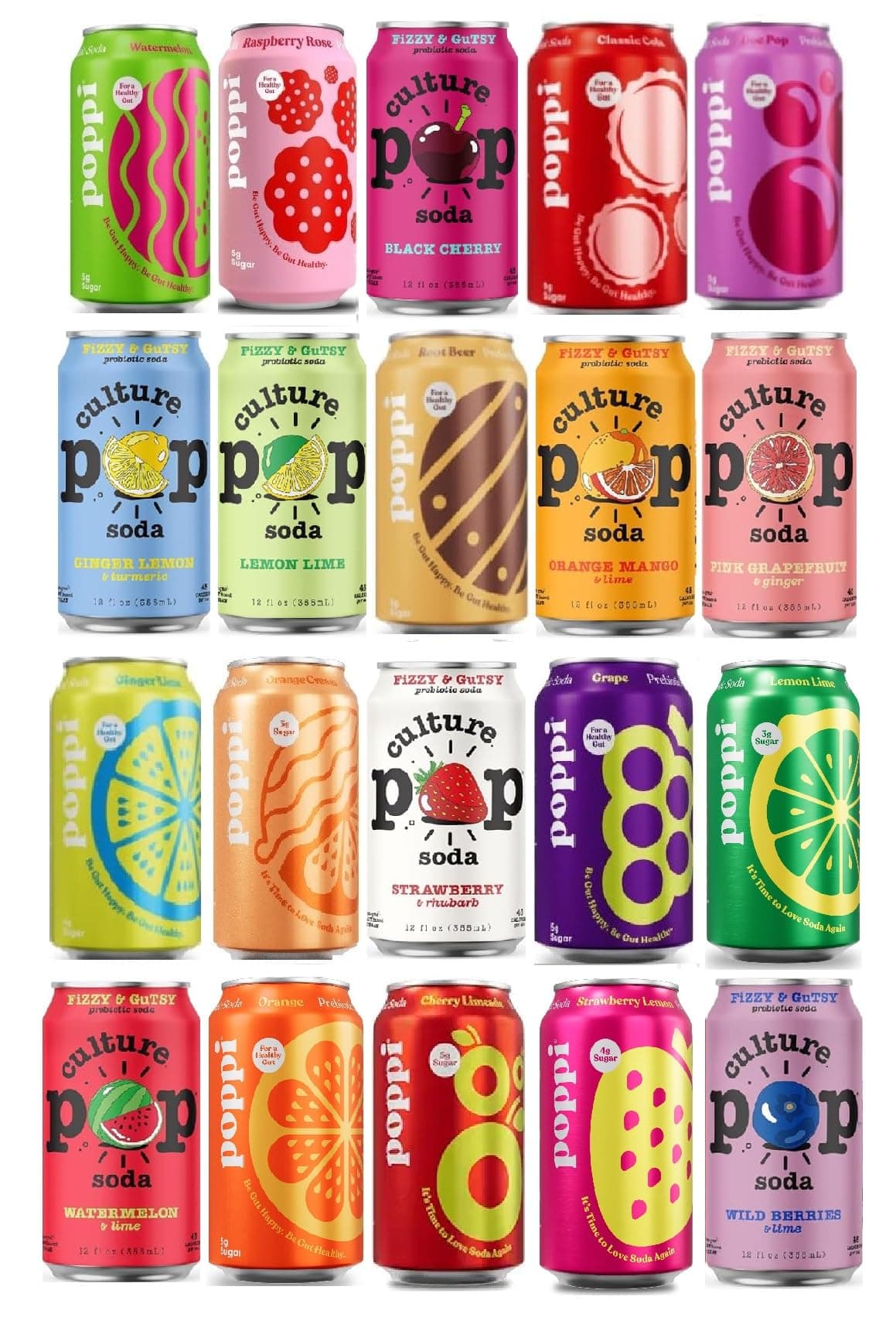 Sparkling Prebiotic Soda Assortment of Flavor, 12 Fl Oz Can (Raspberry Rose, Watermelon, Grapes, Root Beer, Cherry Limeade, Orange, Lemon Lime, Strawberry Lemon, Classic Cola, Doc Pop, Ginger Lime, Orange Cream, Black Cherry, Orange Mango, Pink Grapefruit, Wildberries) Pack of 20 - Packing May Vary