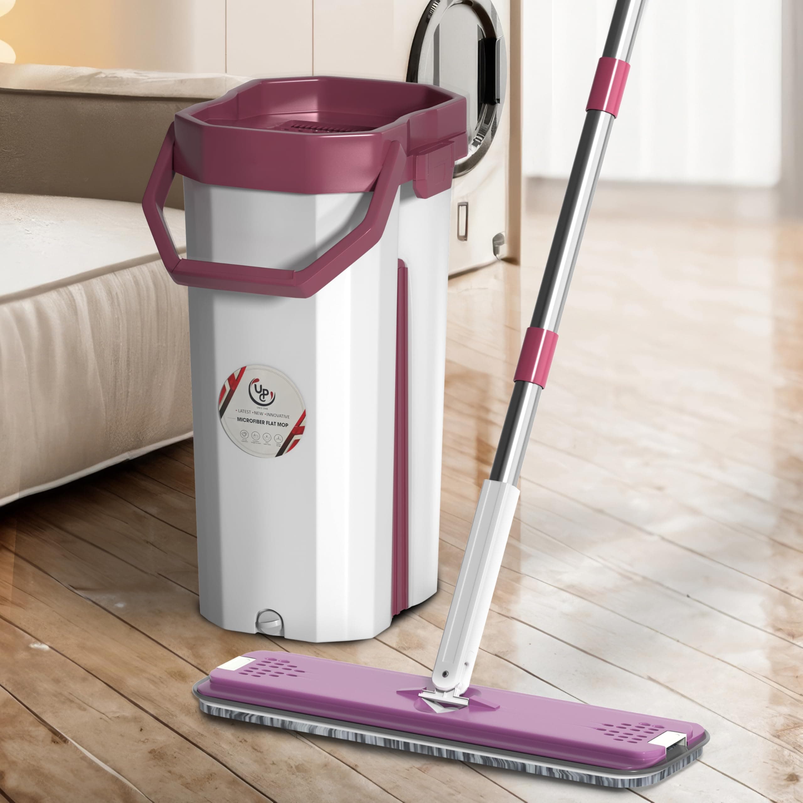 U.P.C. Moppers for Cleaning Floor/Mop Bucket with Hands-Free Squeeze/Floor Cleaning Mop for Home with 360° Flexible Head (38X12.5 cm) / Microfiber Flat Mop System, White