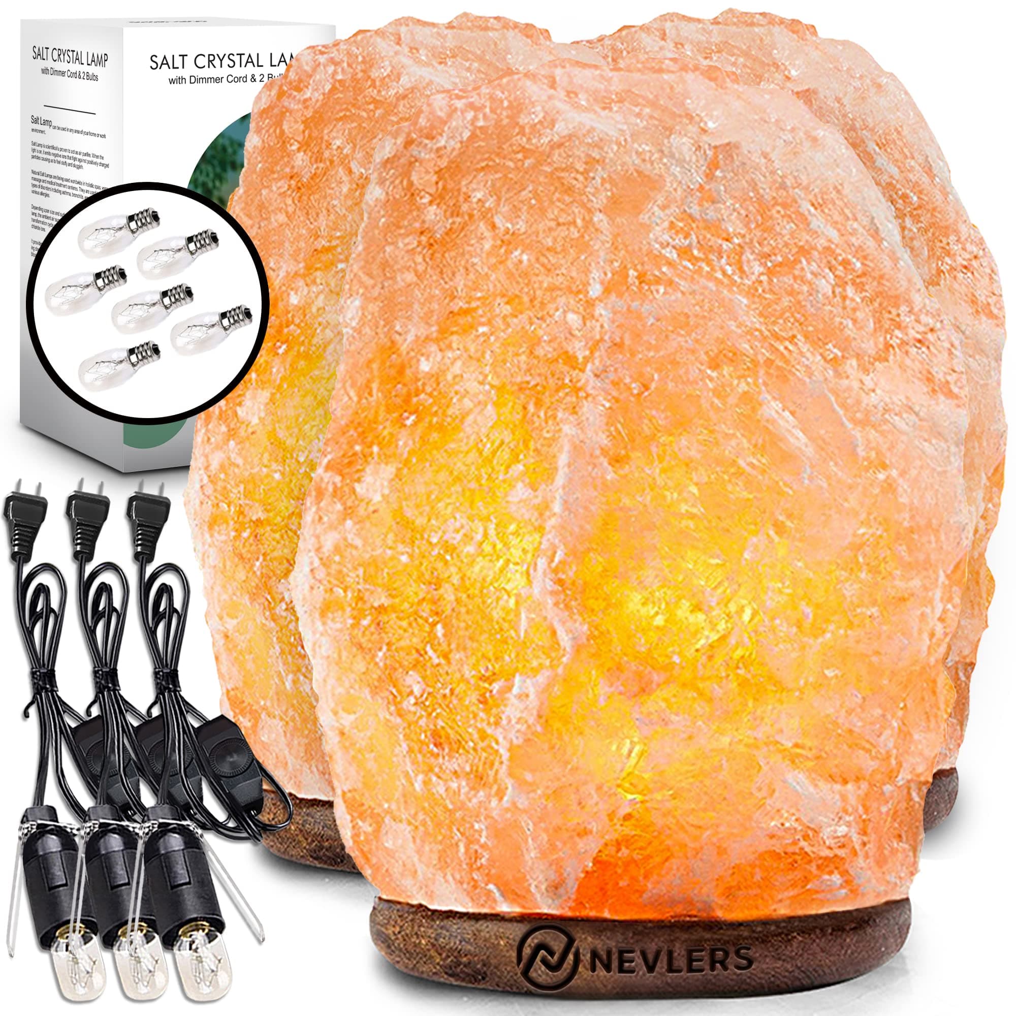 Nevlers 3 Pack Natural Pink Himalayan Salt Lamp with Dimmer Cord & Light Bulb | 6"- 8" Tall Salt Rock Lamp with Wood Base | 100% Authentic Himalayan Pink Salt Lamp | Hand Crafted Salt Lamps