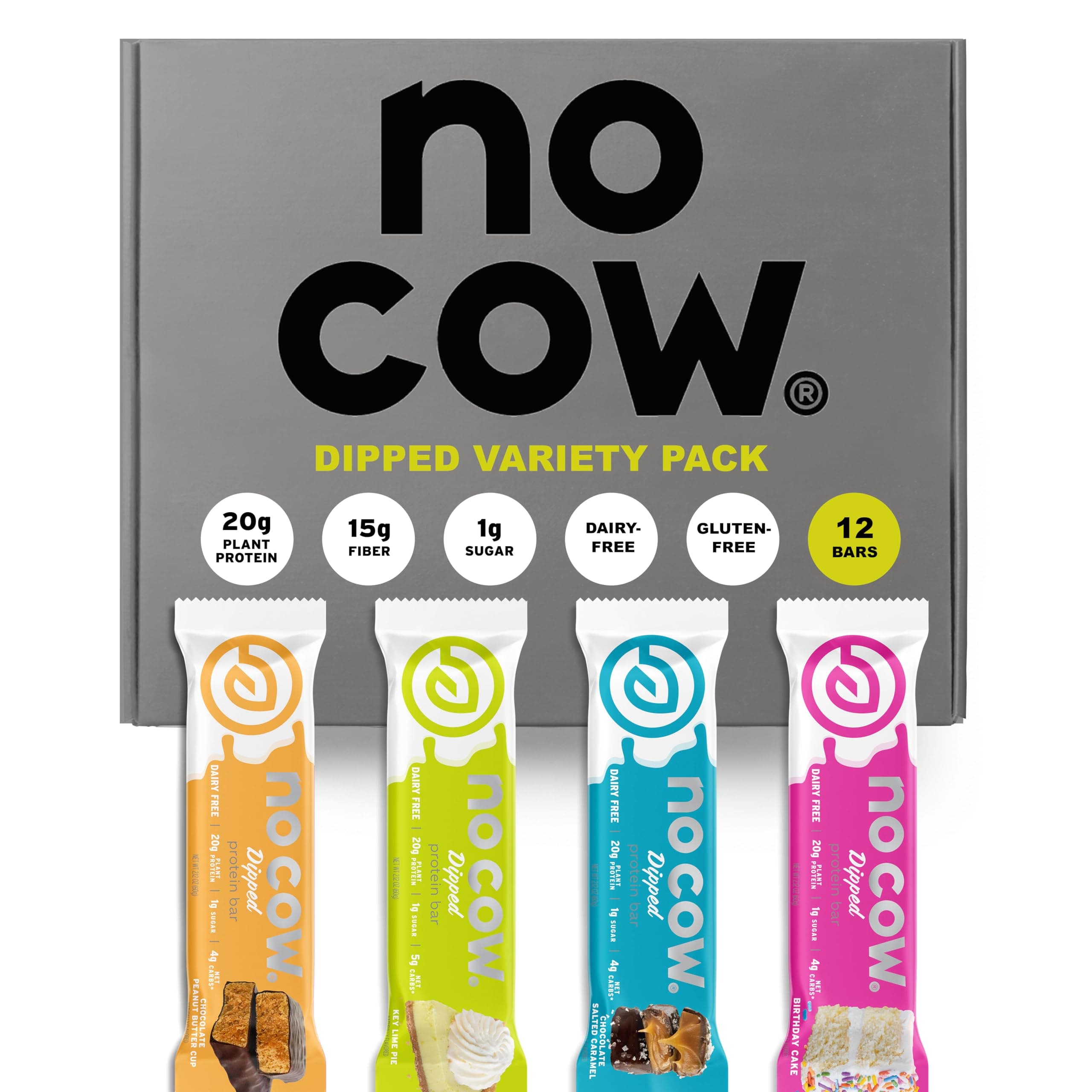 - No Cow High Protein Bars, Dipped Variety Pack - Healthy Snack, 20g Vegan Protein, High Fiber, Low Sugar, Keto Friendly, Dairy & Gluten Free (12 Count)