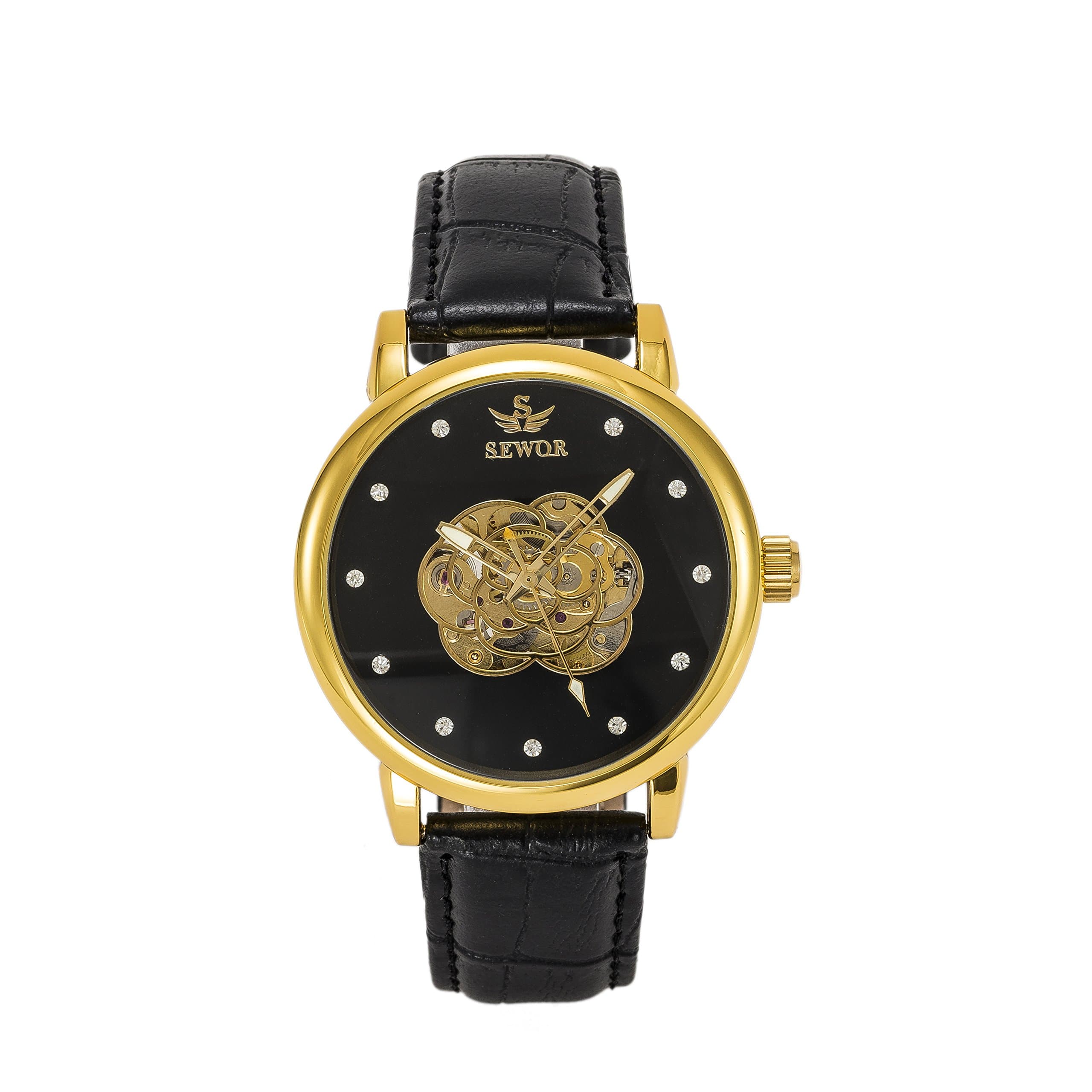 SOAO Women Automatic Wristwatch Waterproof Black Stainless Steel Dial Leather Band Watches For Girl