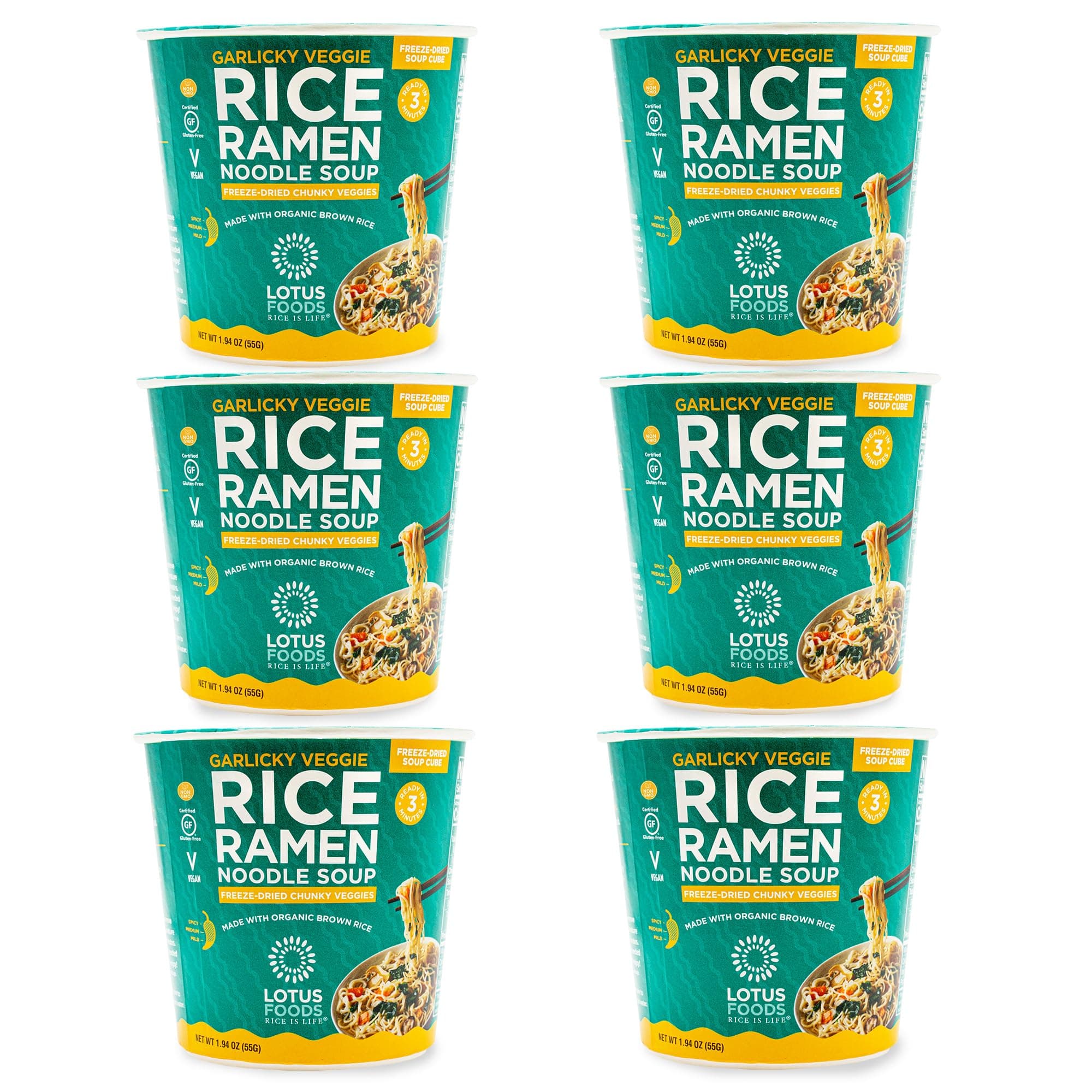 Organic Garlicky Veggie Rice Ramen Noodle Soup - Ramen Noodles, Cup of Noodles, Instant Ramen Bowl, Made With Organic Brown and White Rice - 1.94 Oz Cups (Pack of 6)