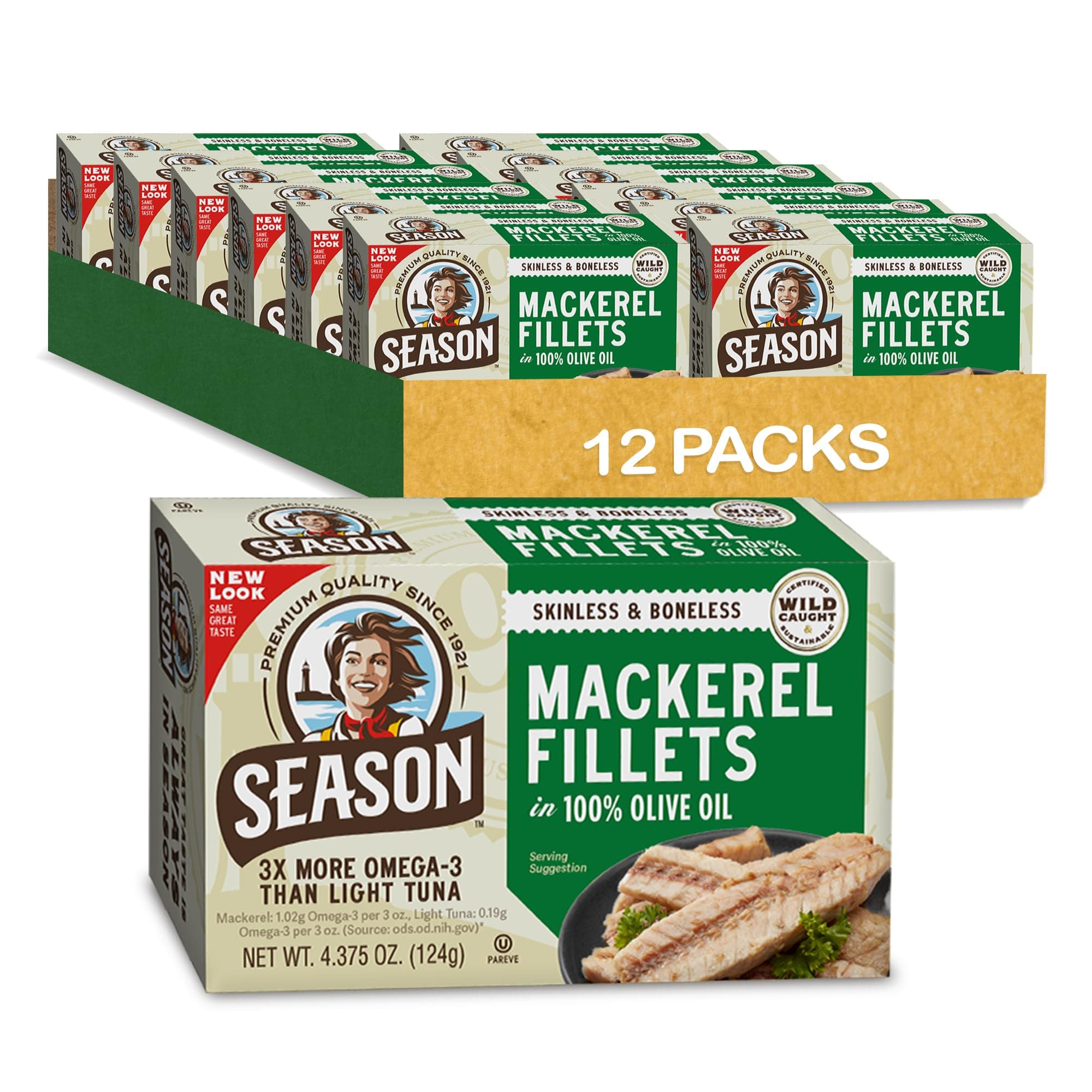 Season Mackerel in Olive Oil - Skinless & Boneless, Wild Caught, Keto Snacks, Canned Mackerel Fillets, Full of Vitamins, Low in Mercury, Kosher, Non-GMO, 20g of Protein - 4.37 Oz, 12-Pack