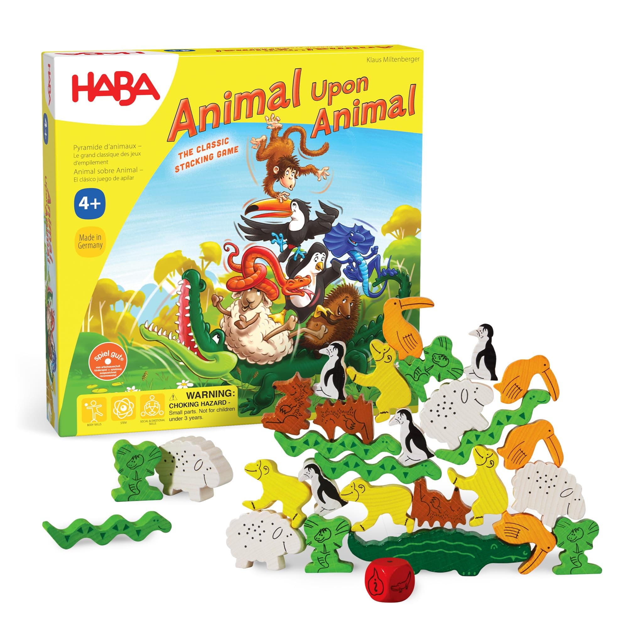 HABA Animal Upon Animal Stacking Game for Kids and Families | Fun Balance Challenge with Wooden Animals | Exciting Board Game for 2–4 Players Ages 4 Plus | Engaging Family Activity Encouraging Play