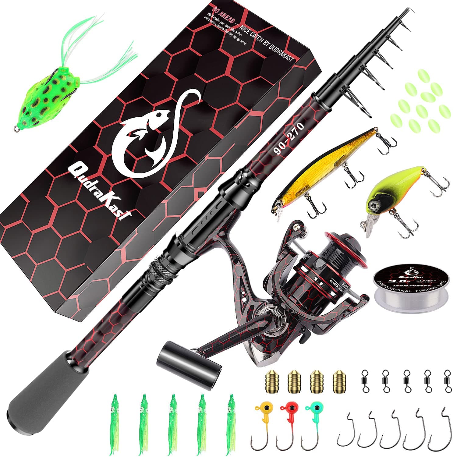 Fishing Rod and Reel Combos, Unique Design with X-Warping Painting, Carbon Fiber Telescopic Fishing Rod with Reel Combo Kit with Tackle Box, Best Gift for Fishing Beginner and Angler