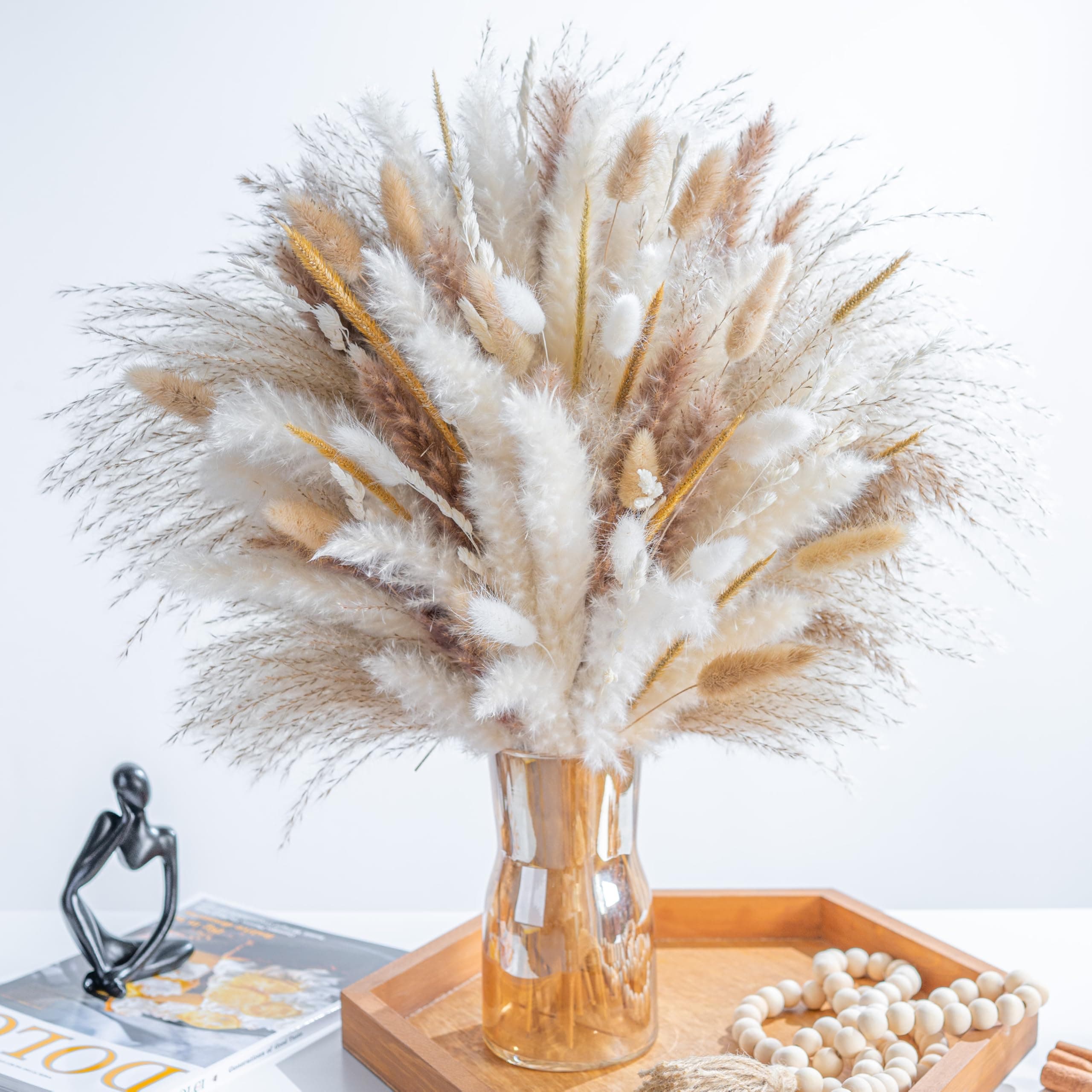 120 Pcs Natural Dried Pampas Grass, Boho Home Decor Bouquet, 8 Kinds of Dried Grass Mix Bouquet, Boho Natural Dried Bouquet for Home Table Decor, Rustic Farmhouse Decor, Wedding Decor