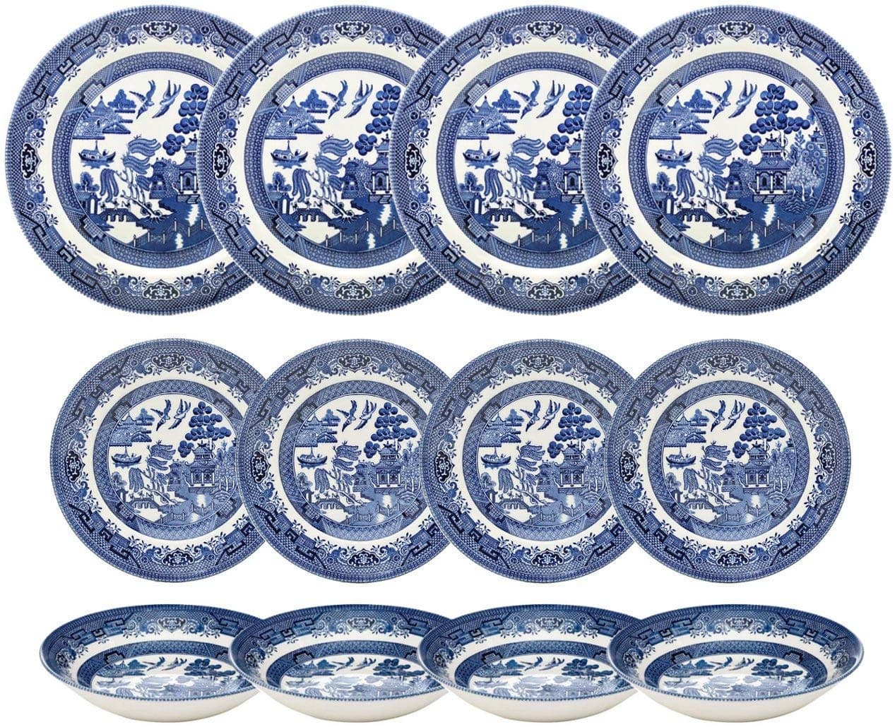 Churchill Blue Willow Dinner Plates Salad Plates and Coupe Bowls 12 Piece Dinnerware Set 12 Piece Set