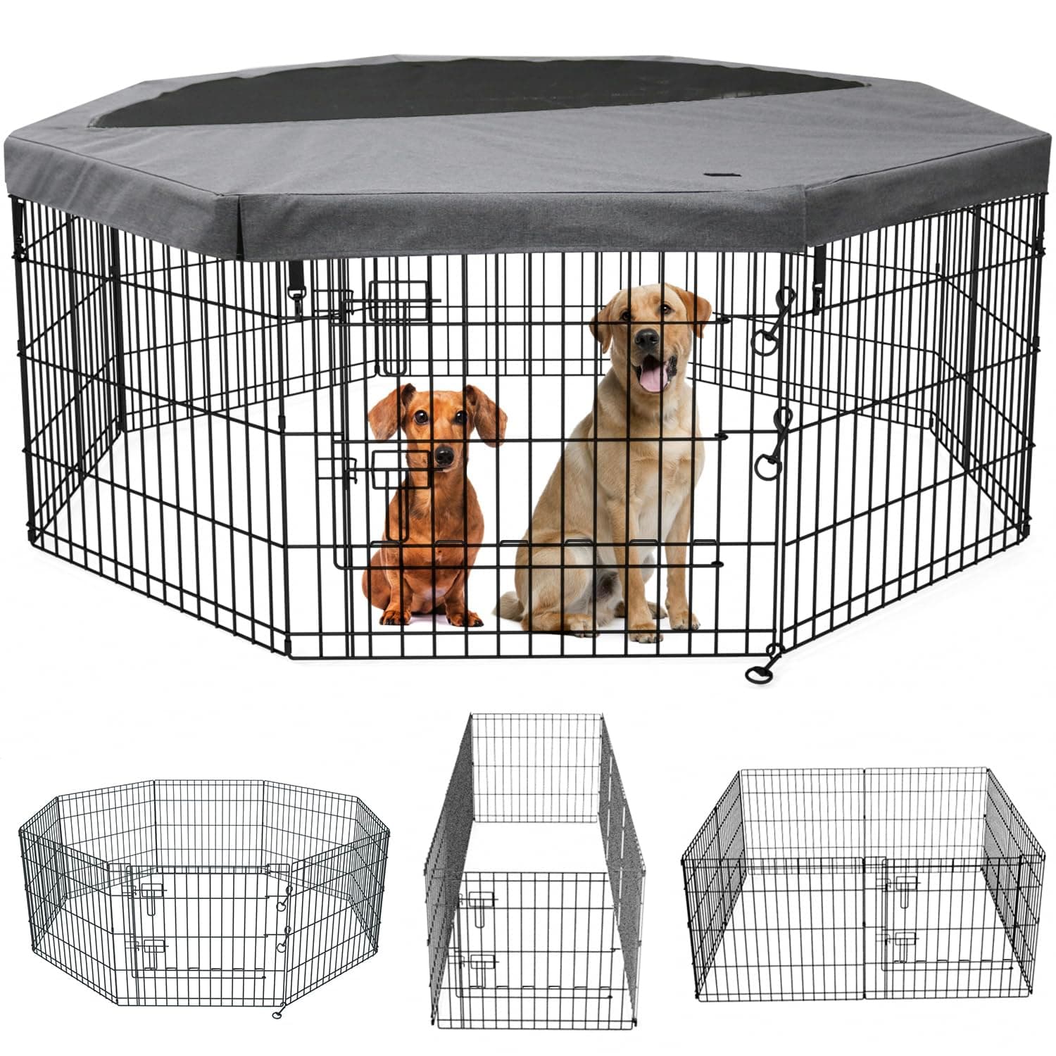 PETIME Foldable Metal Dog Exercise Pen/Pet Puppy Playpen Kennels Yard Fence Indoor/Outdoor 8 Panel 24" W x 24" H with Top Cover (with top Cover, 8 Panels 24" H)