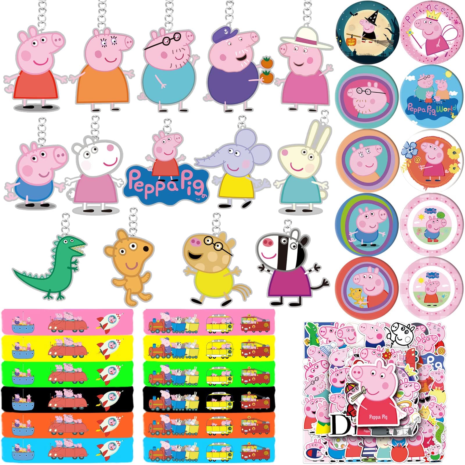 86pcs Cartoon Pig Birthday Party Supplies ,12 Bracelets 14 Key Chain 10 Button Pins 50 Stickers,Cartoon Pig Party Birthday Favors