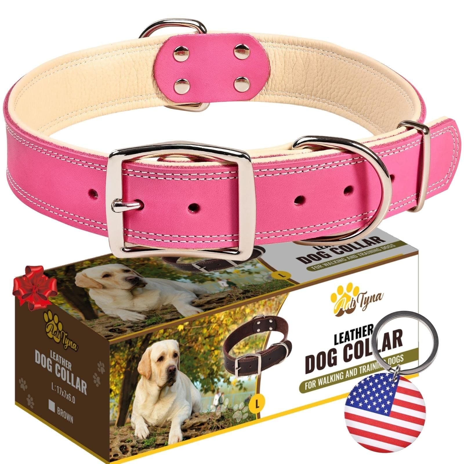 ADITYNA Heavy-Duty Pink Leather Dog Collar for Large Dogs - Lined with Soft Leather - Girl Dog Collar for Walking, Training, and Hiking