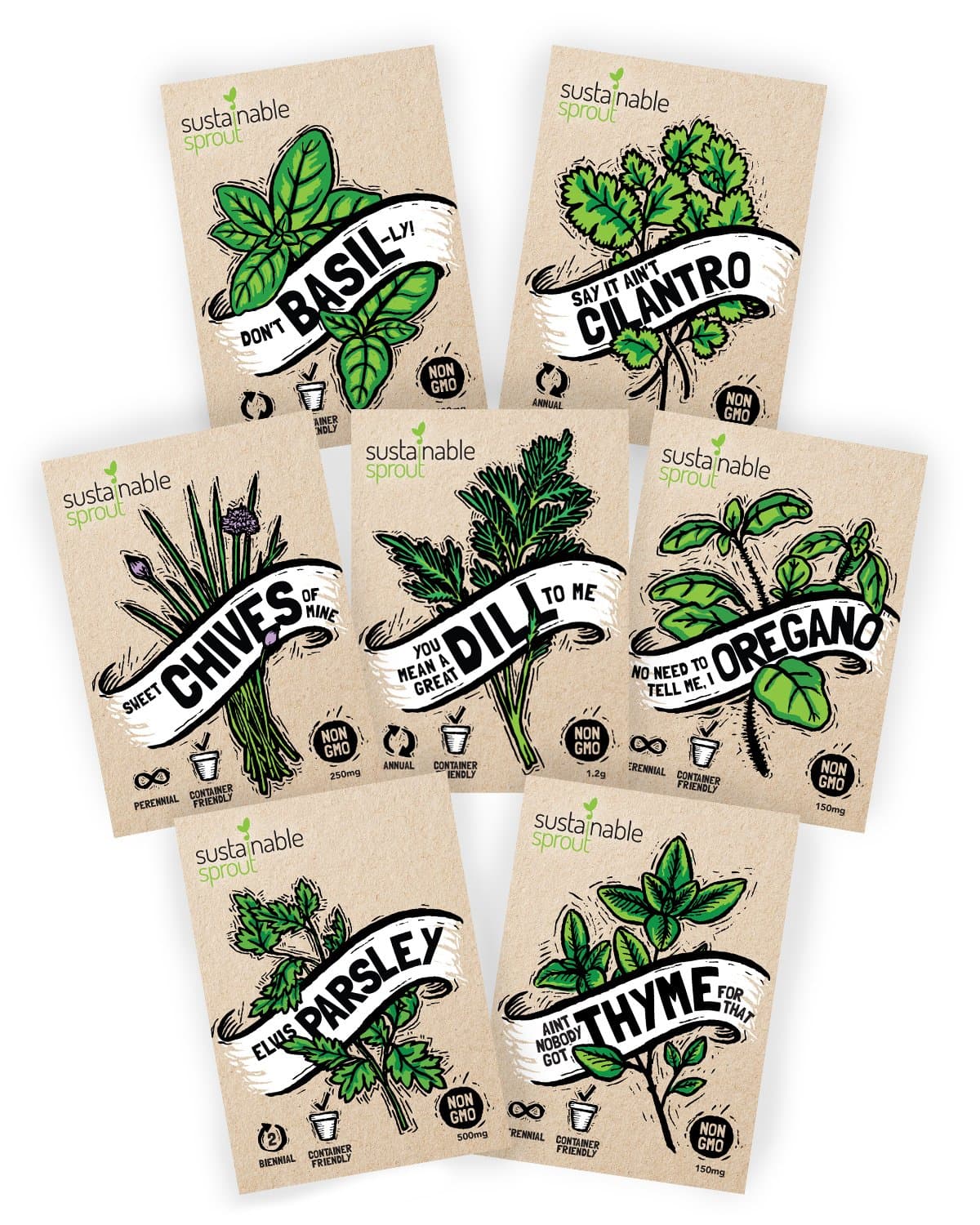 Culinary Herb Seeds Variety Pack: 7 NonGMO Hydroponic Herb Seeds For Planting Garden Indoors, Heirloom Herb Seeds Basil, Parsley, Thyme, Cilantro, Chives Dill Seeds Oregano Seeds by Sustainable Sprout