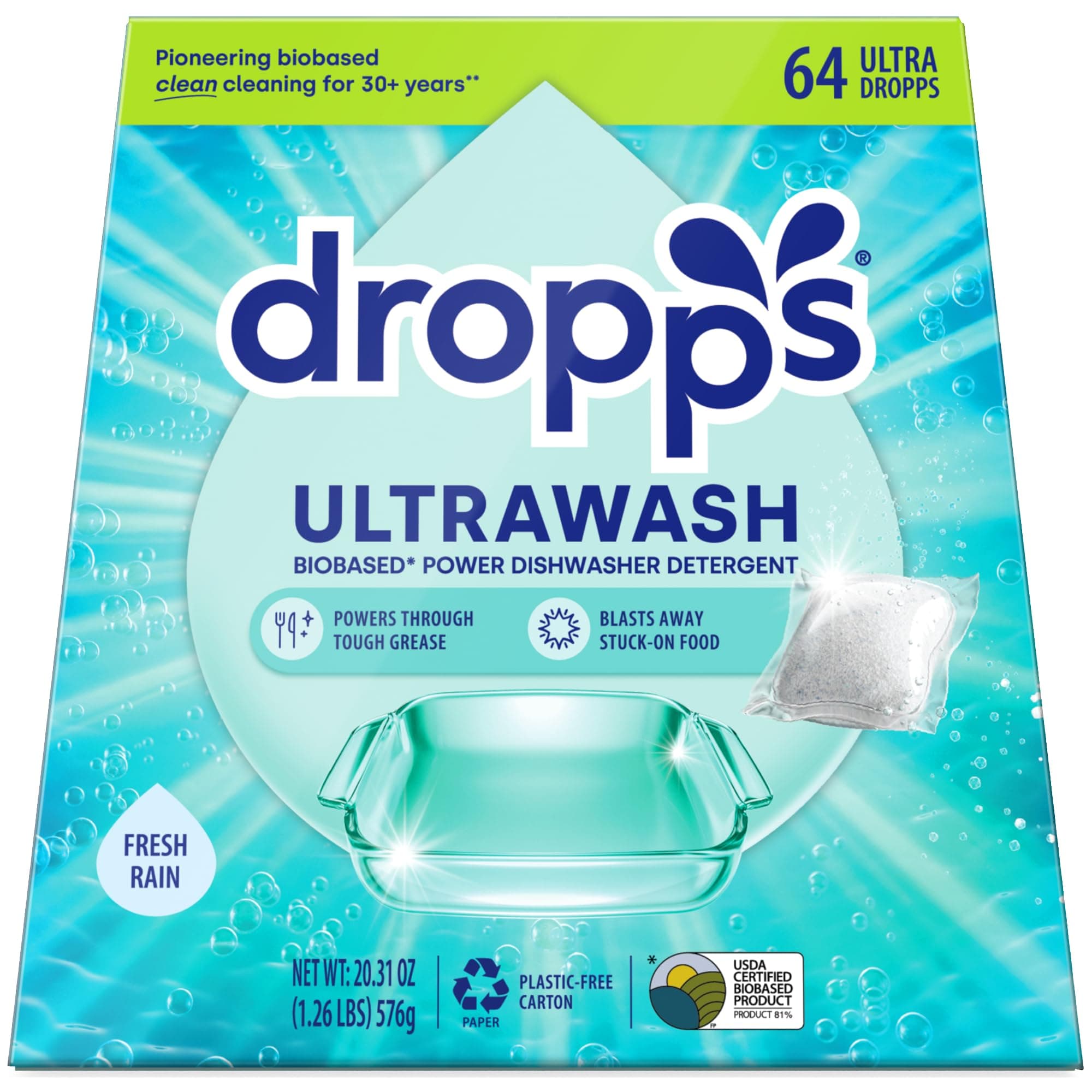 UltraWash Dishwasher Pods, Fresh Rain (64 Count) - Biobased Power Deep Clean Dishwasher Detergent Tablets for Sparkling Shiny Dishes - No Rinse Aid or Pre-Wash Needed - Dishwashing Pods
