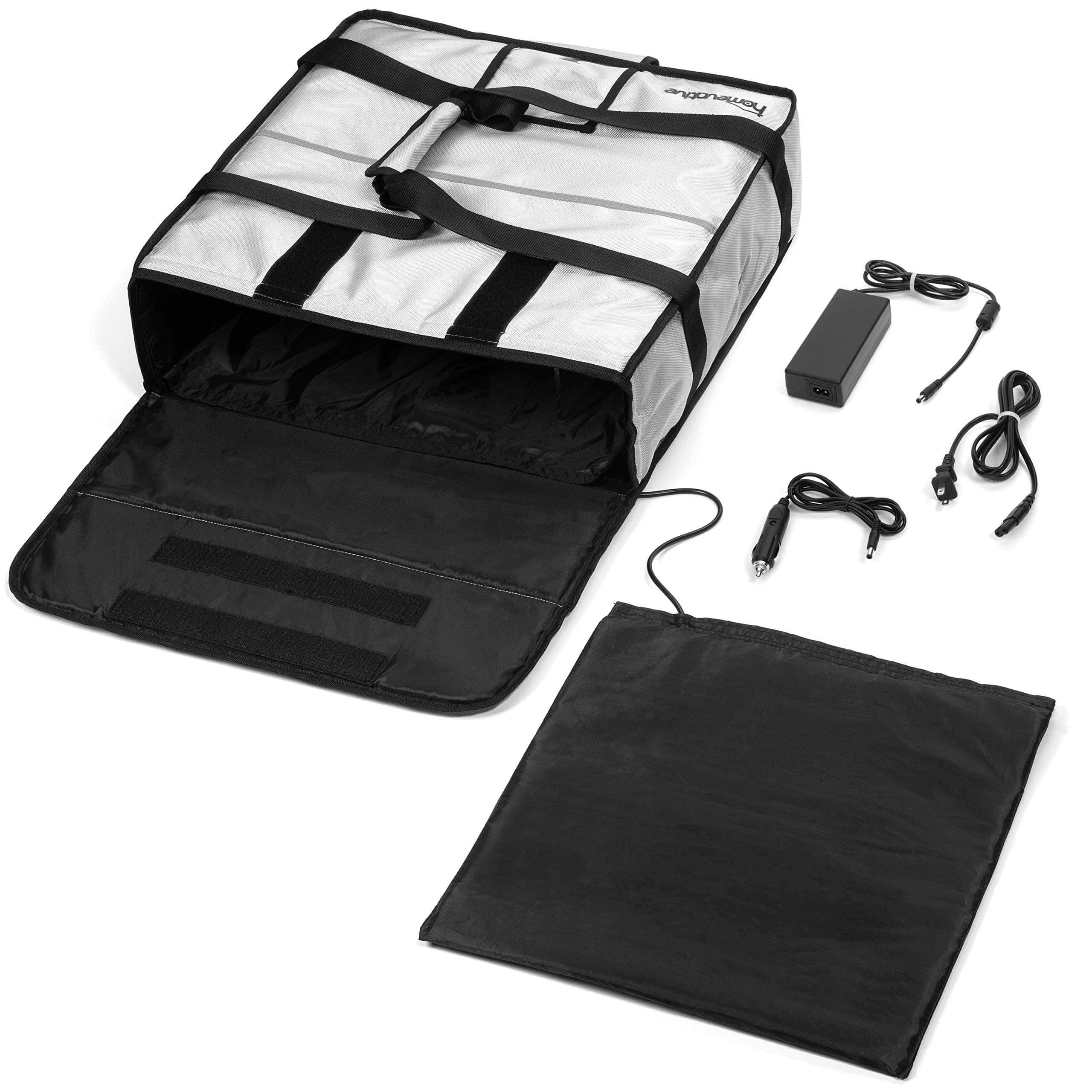 Homevative Electric Heated & Insulated Pizza & Food Delivery Bag. Home Outlet & Car Power Plugs Included, Holds 3 Large Pizza Boxes, Grey, L, Trays