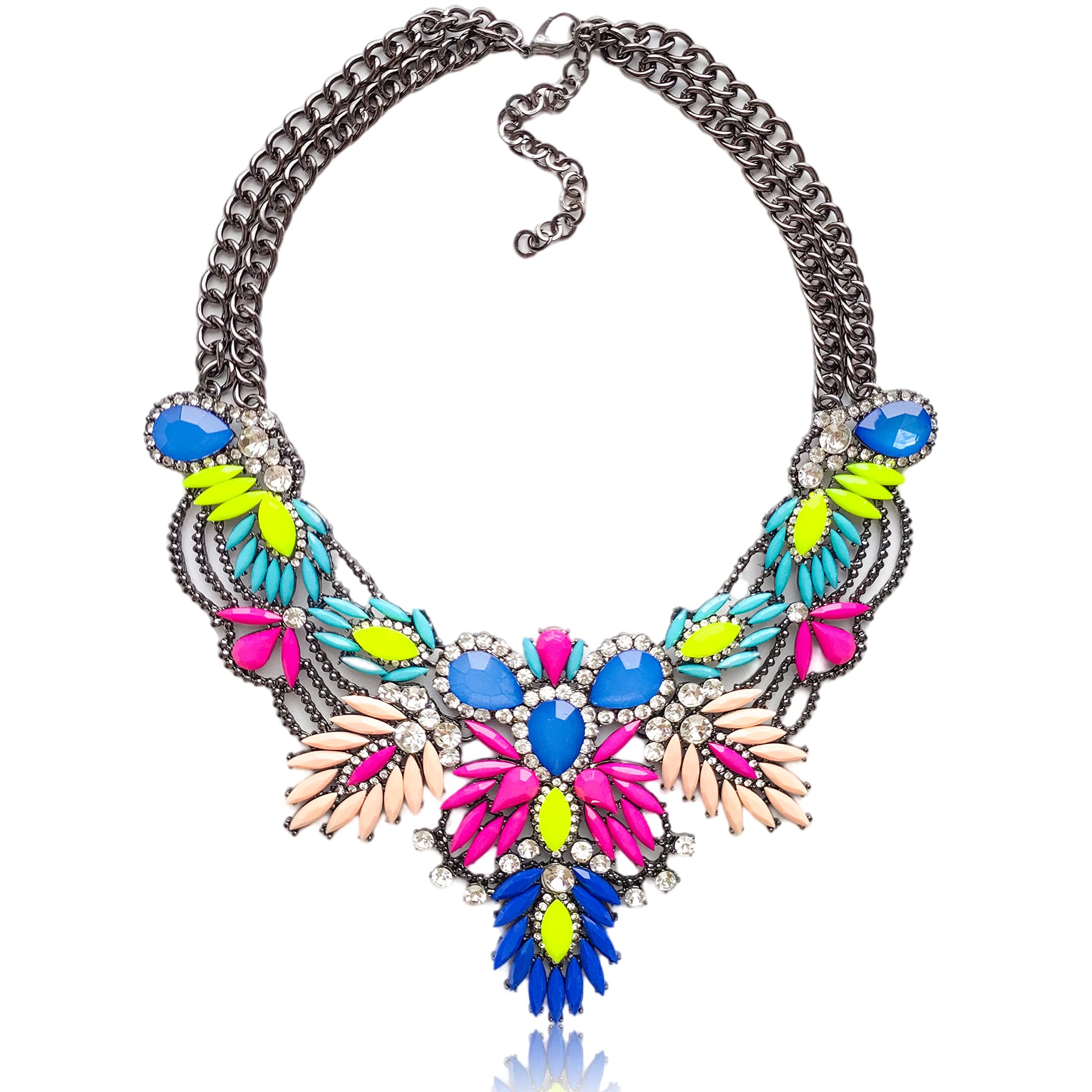 Chunky Neon Bib Necklace Costume Jewelry for Women - Valentines Day Gifts - Hot Pink & Blue Rhinestone Crystal Statement Collar Necklace for Work