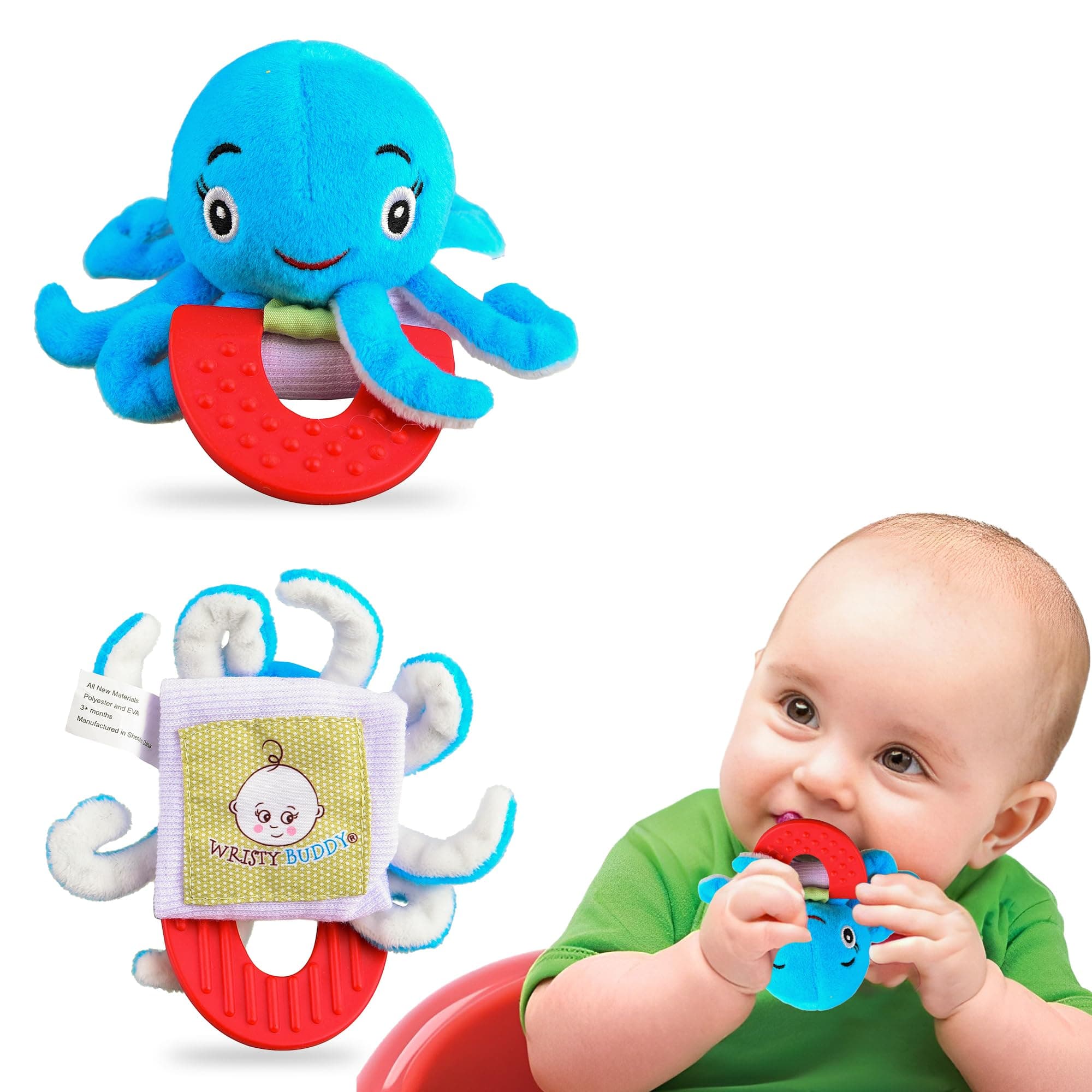Wristy BuddyWristy Buddy Teething Ring for Babies 0-6 8 10 12 Months | Cute Soft Octopus Teething Toys & Gloves | Baby Teething Relief Toy Pack | Infant Chew Toys for 3-6 Months, 1 2 3 Years