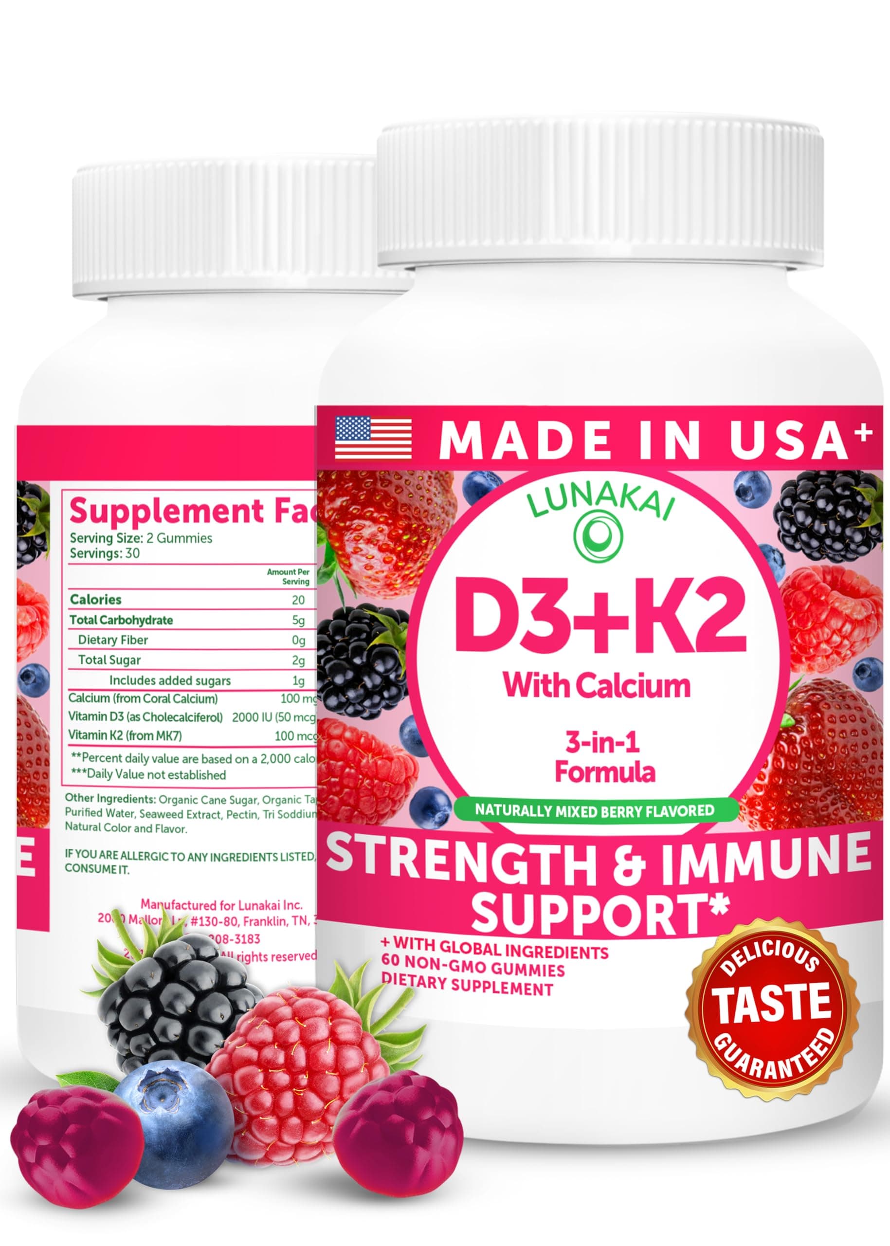 Lunakai USA Made Vitamin D3 K2 Gummies with Calcium – 3-in-1 Daily Vegan Supplement for Bone & Immune Support for Women, Men & Kids, 60ct