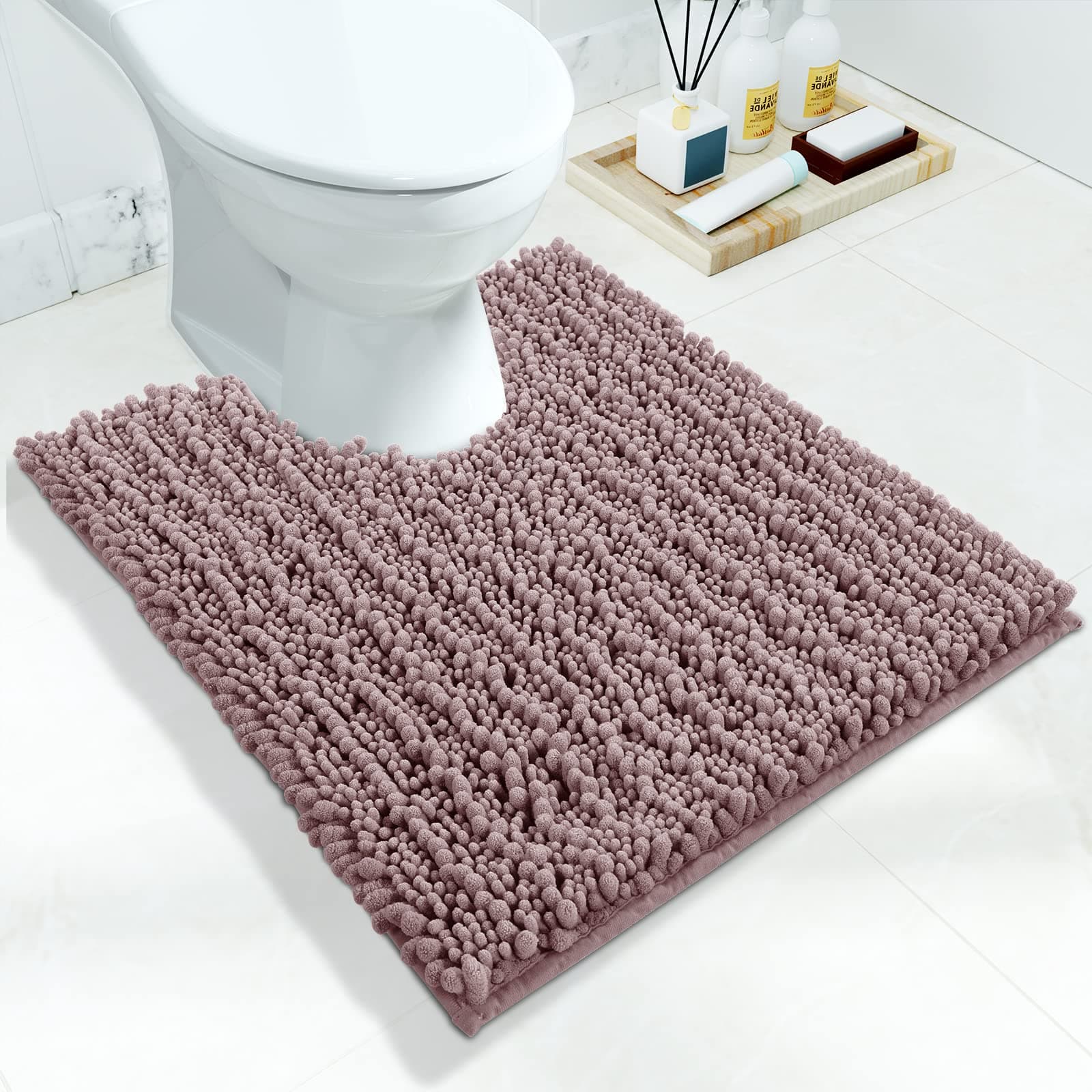 Yimobra Luxury Shaggy Toilet Bath Mat U-Shaped Contour Rugs for Bathroom, 24.4 X 20.4 Inches, Soft and Comfortable, Maximum Absorbent, Dry Quickly, Non-Slip, Machine-Washable, Light Brown