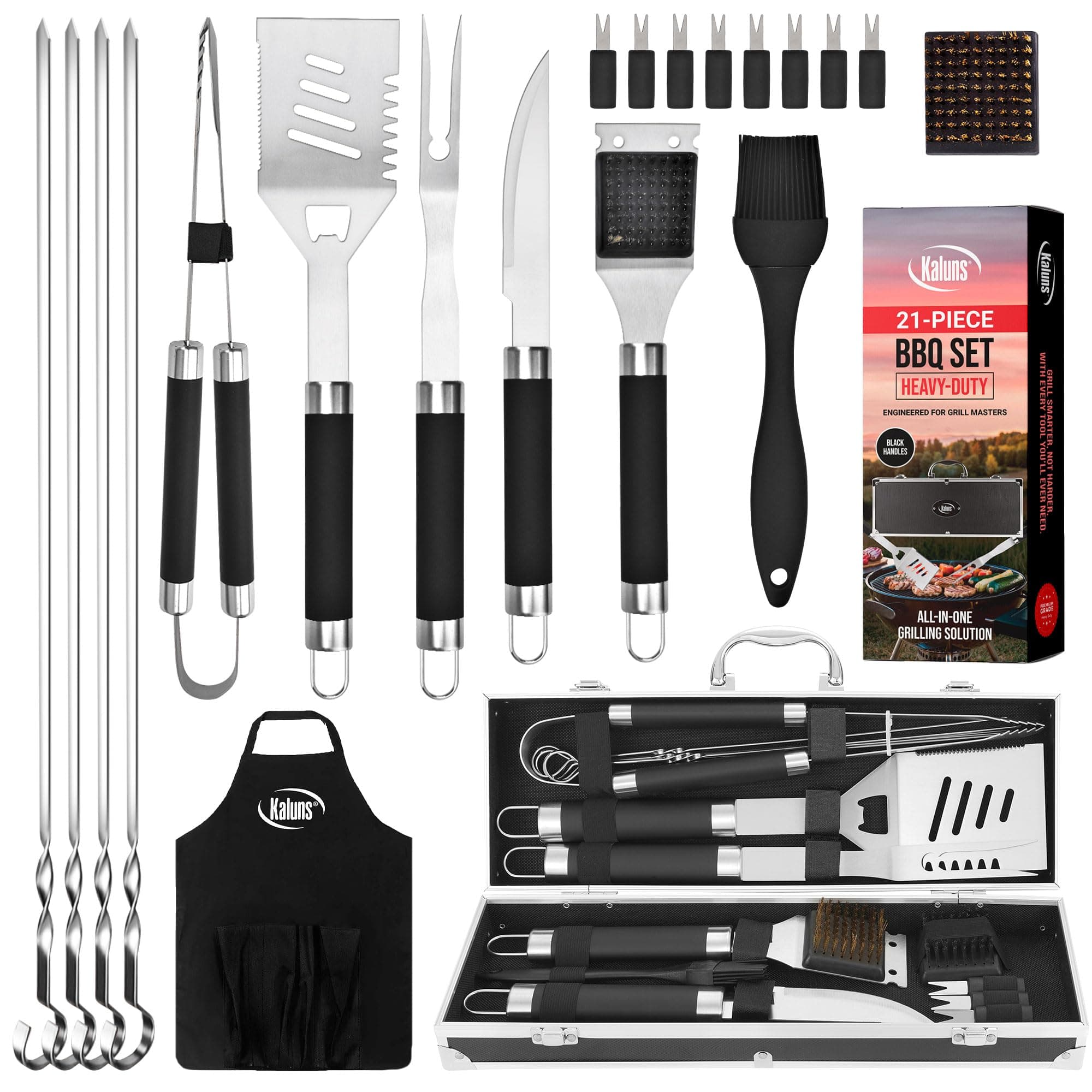 Kaluns Grilling Accessories, Dad Gifts for Christams Grilling Gifts, Heavy Duty Stainless Steel BBQ Grill Tools Set for Outdoor Grill with Aluminum Case and Apron, Dad Birthday Gifts for Men Husband