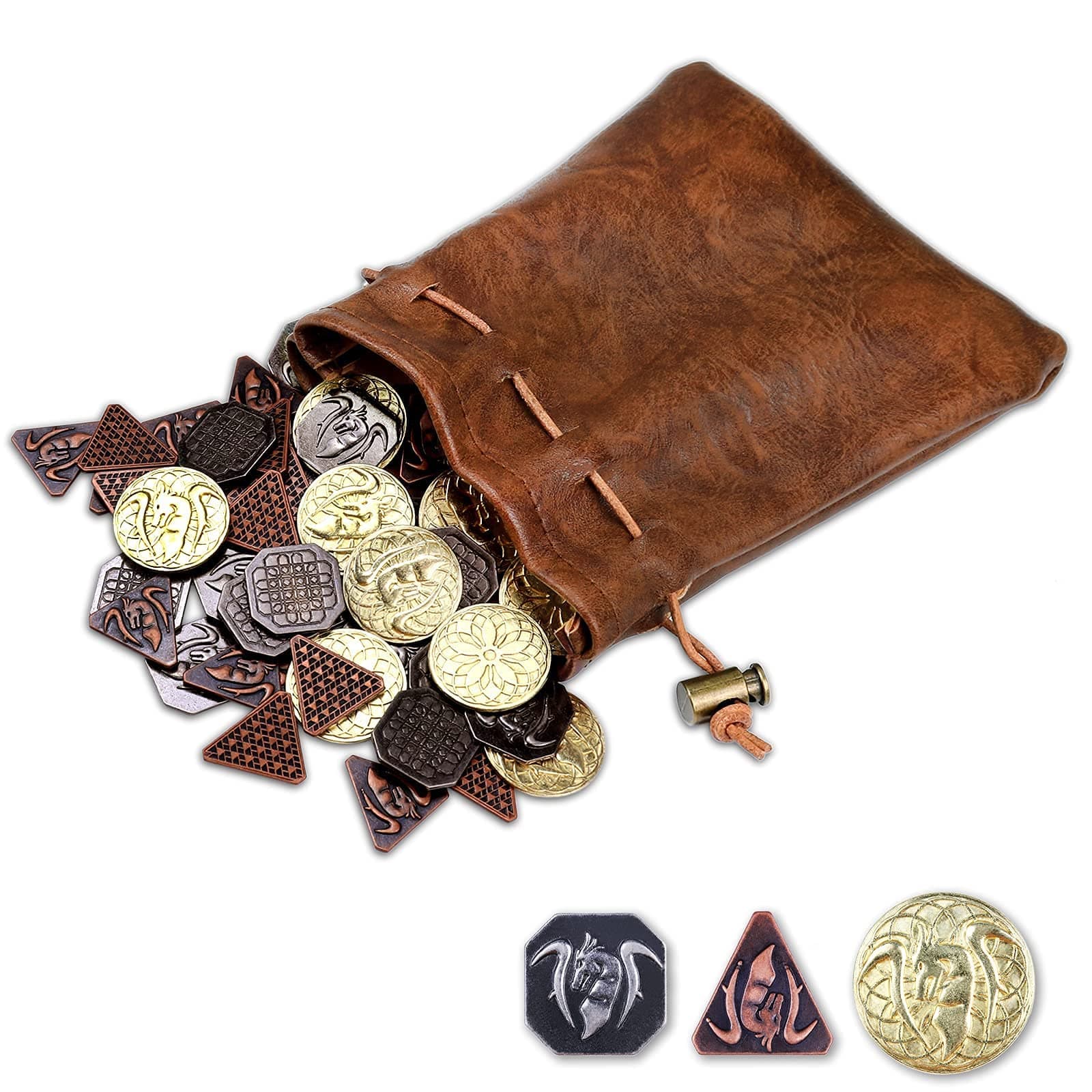 Byhoo 60Pcs Dnd Coins With Leather Pouch, Gold, Silver And Copper In Metal Coins, Fantasy For Board Games, Fake Games Tokens, Role-Playing Of Dungeons Dragons