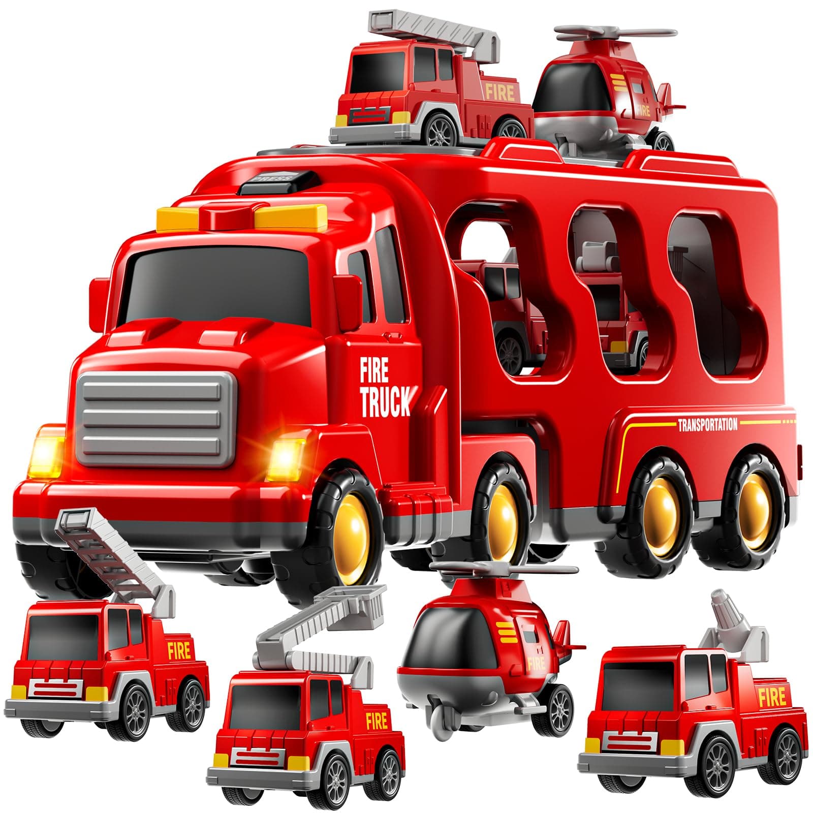 TEMI Fire Trucks Boy Toys for Toddlers 3-5 Year Old - Firetruck Toys for Kids 3 4 5 6 7, Transport Vehicle Carrier Set, Birthdays Gifts for Kids Girls Aged 4-6