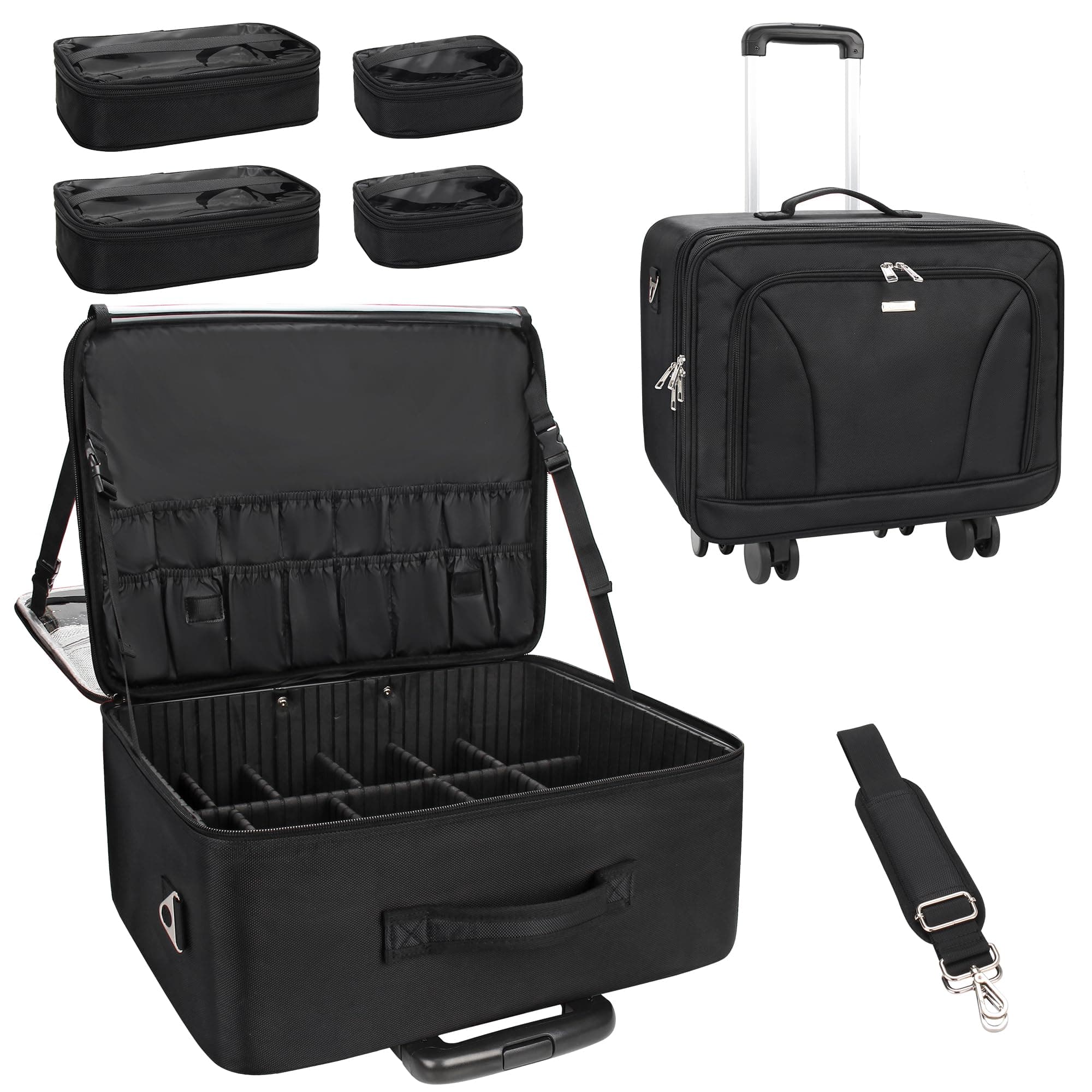 MONSTINA Rolling Makeup Train Case, Cosmetology Case on Wheels Makeup Artist Bag Professional Cosmetics Beauty Hairdresser Bag Hairstylist Cosmetic Bag with 4 Bags Extra Large Makeup Bag with Wheels