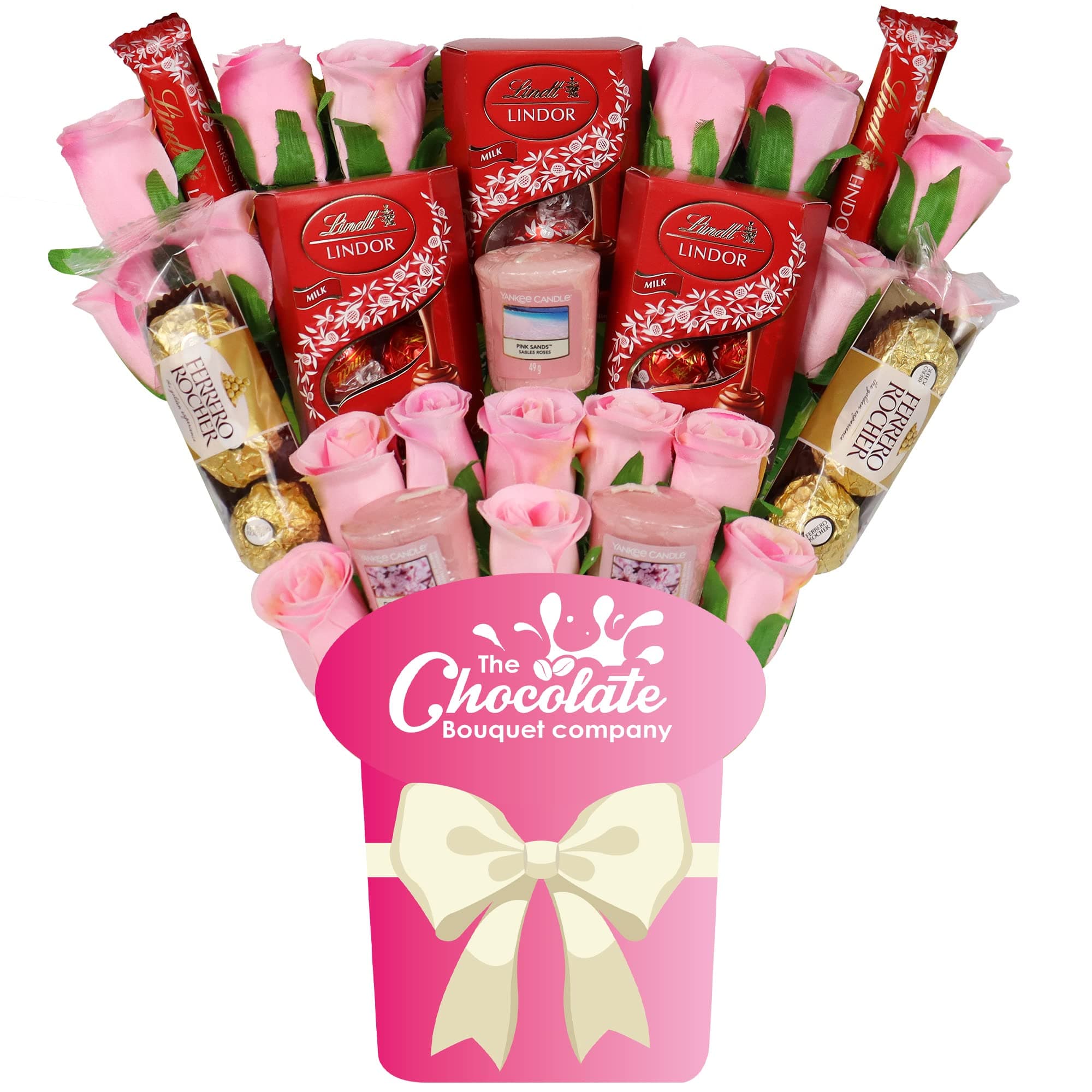 Yankee Candle Selection Bouquet Gift Hamper with Ferrero Rocher & Lindt Lindor Chocolates & Silk Pink Roses