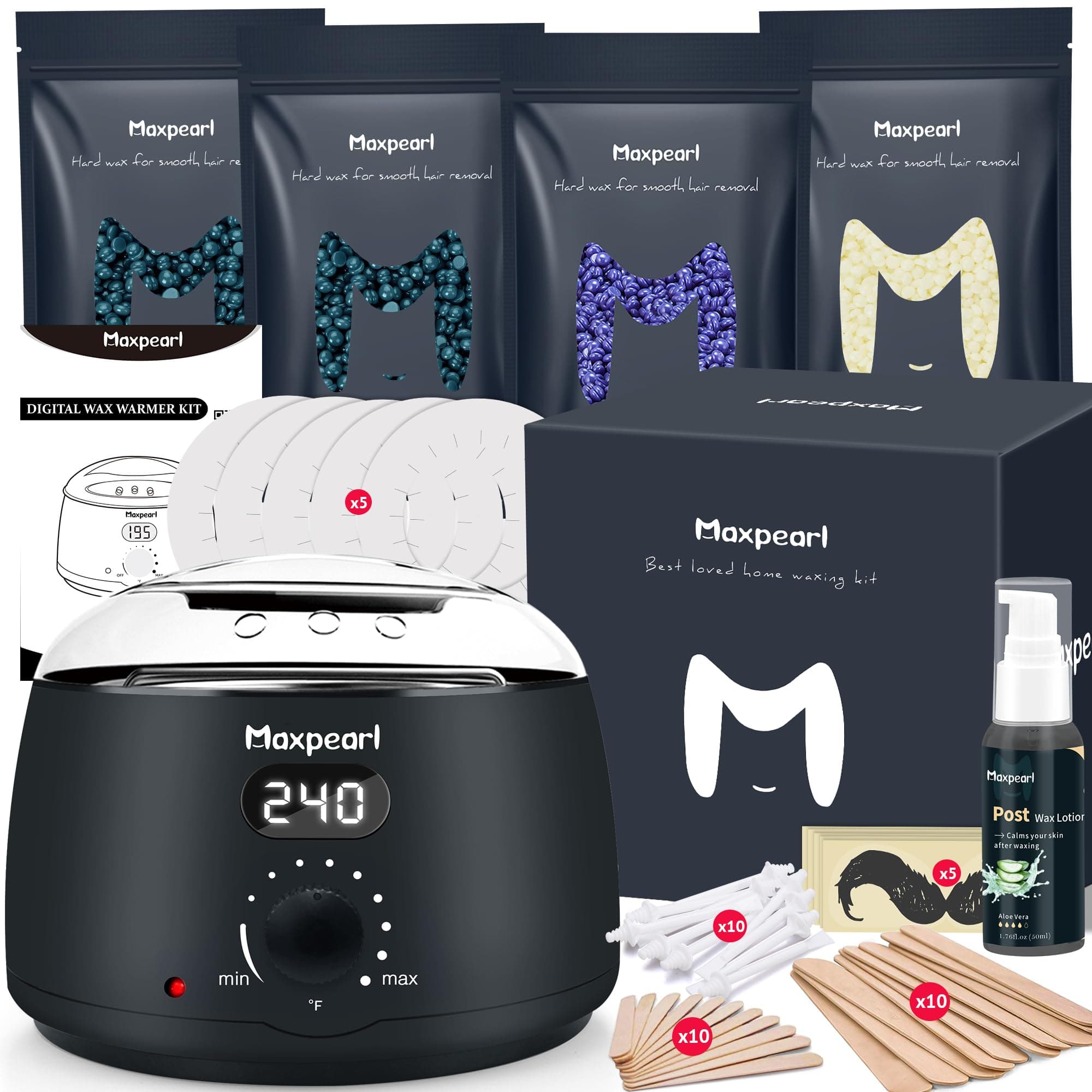 Maxpearl Digital Waxing Kit – Women Men Hard Wax Warmer Kit for Hair Removal – Sensitive Skin, Eyebrows, Face, Underarms, Brazilian, Bikini, Legs