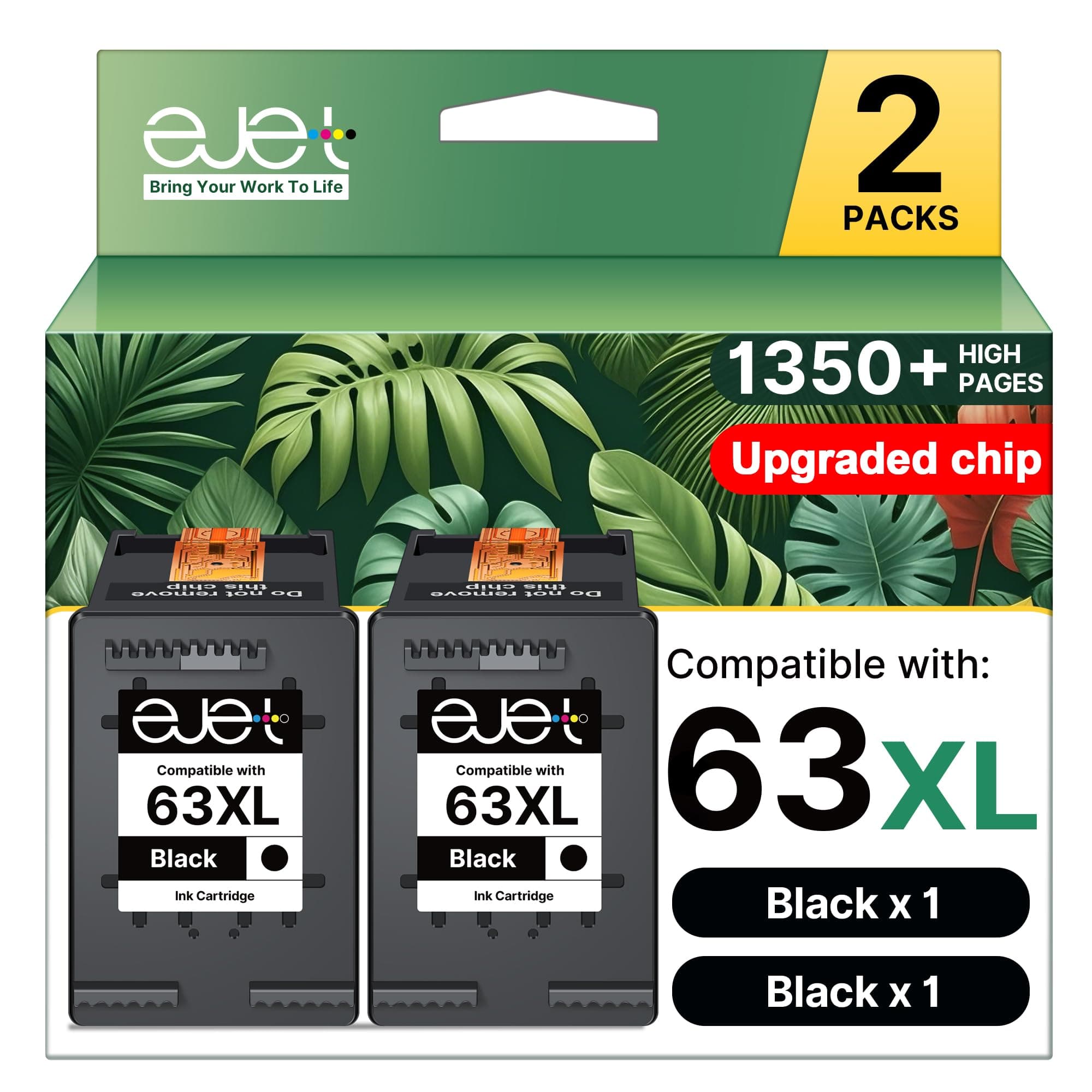 63XL Black Ink Cartridge Replacement for HP Ink 63 for HP 63 Black Ink Cartridge Work with Officejet 3830 4650 4652 4655 5200 5252 5255 5258 Envy 4520 4512 1112 2132 3630 3632 Printers (2 Pack)