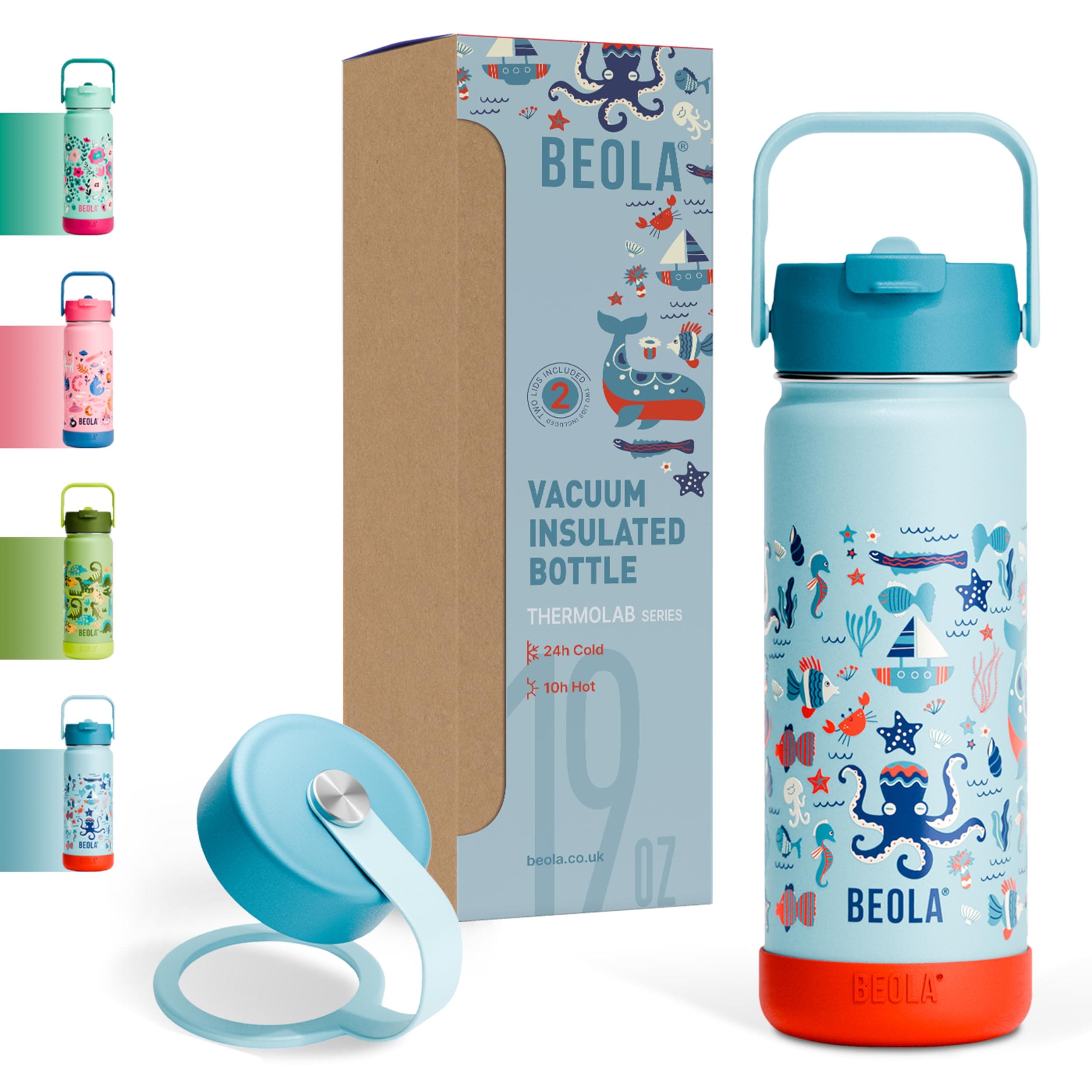 BEOLA 550ml Kids Water Bottle 18/8 Stainless Steel Double Wall Insulated Thermos Bottle with Straw Lid and Wide Mouth, Hot Cold Liquids Sports School Bottle (19oz, Sea Vibes)