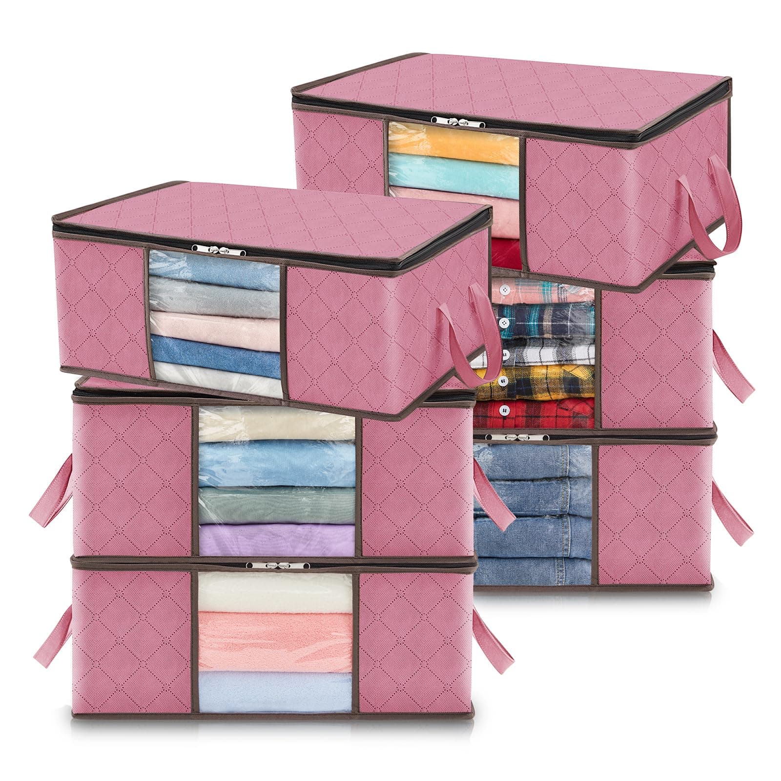Lifewit 6 Pack Clothes Storage Bag, Foldable Storage Boxes Wardrobe Storage Organizer Moving Bag with Reinforced Handle Sturdy Fabric Clear Window for Towel, Sweater, Bedding, Pink
