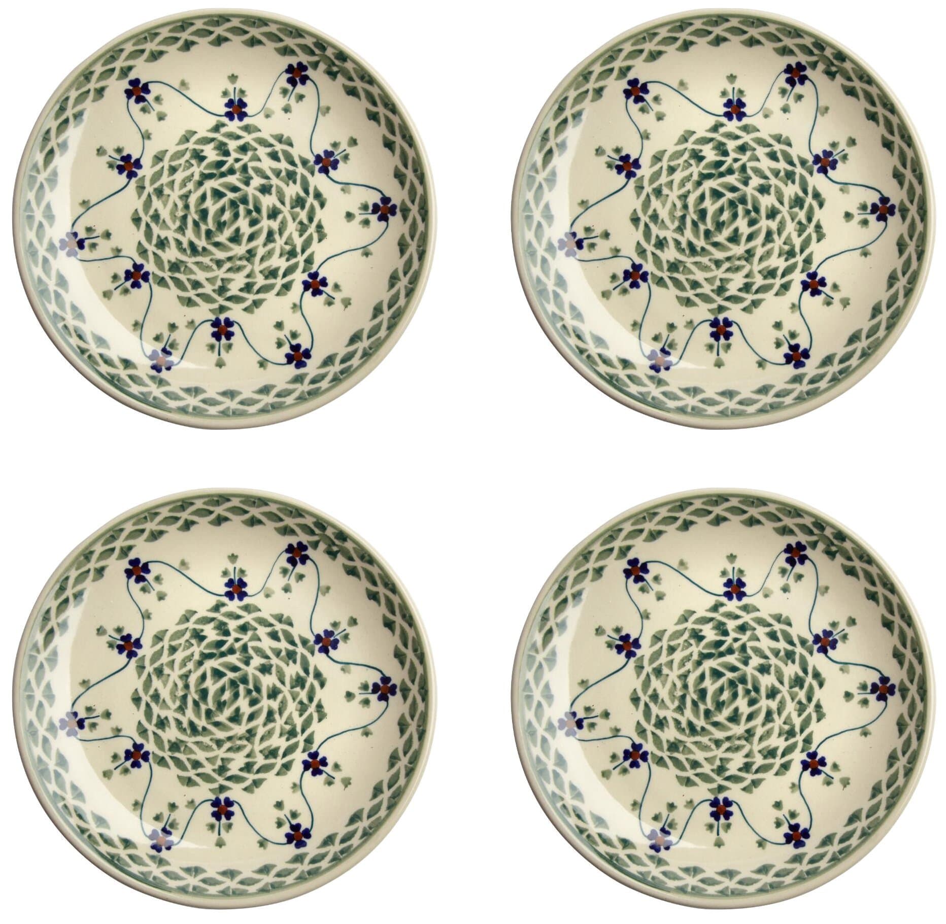 Polish Pottery Basketweave Handmade Salad/Dessert Plate, Blue Green Floral Clovers, 7-Inch (Set of 4)