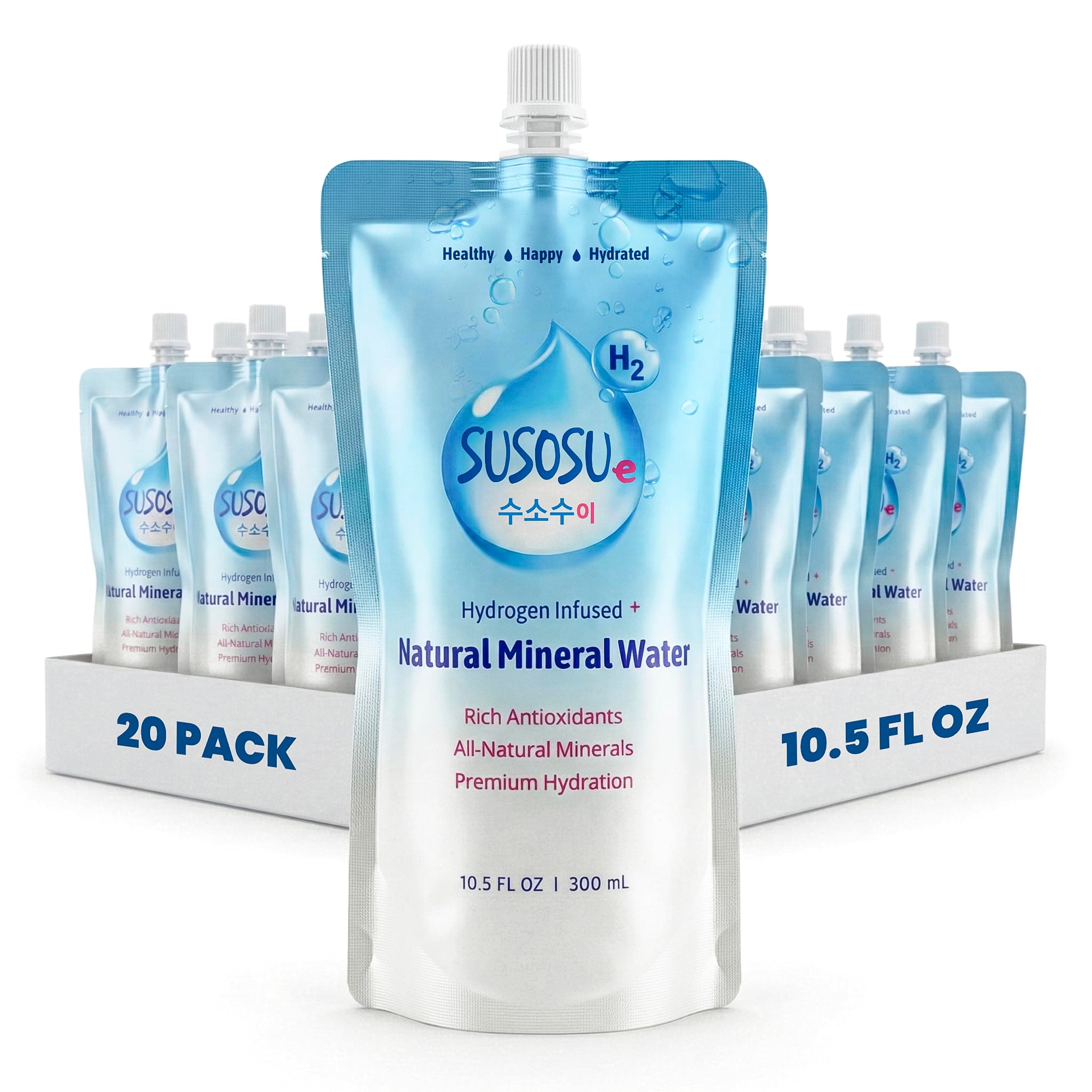 Susosu Water - Hydrogen Infused Natural Mineral Water from South Korea, Crisp Taste, Supports Daily Hydration, BPA Free Aluminum Pouch (10.5 fl oz, 20 Pack)