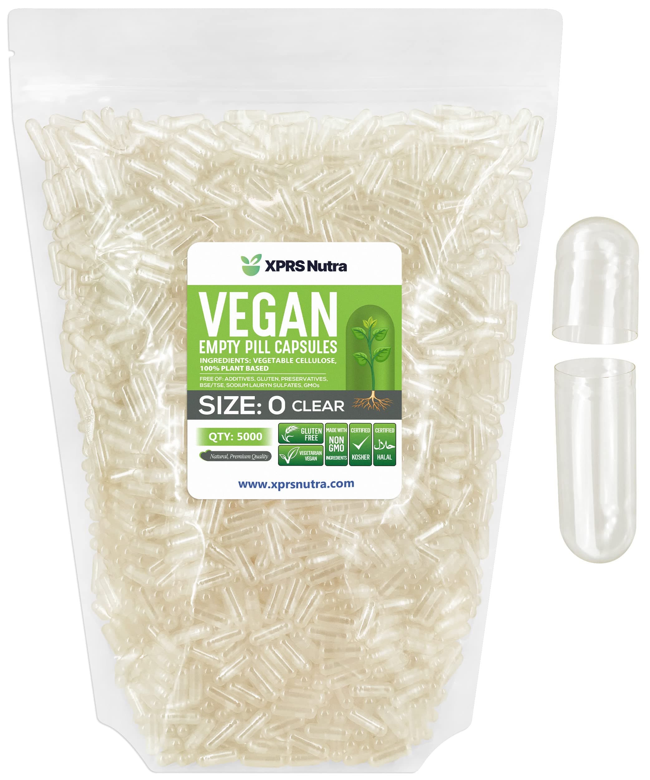 XPRS Nutra Capsules Express- Size 0 Clear Empty Vegan Capsules - Kosher and Halal - Vegetarian/Vegetable Pill Capsule - DIY Powder Filling (5000)