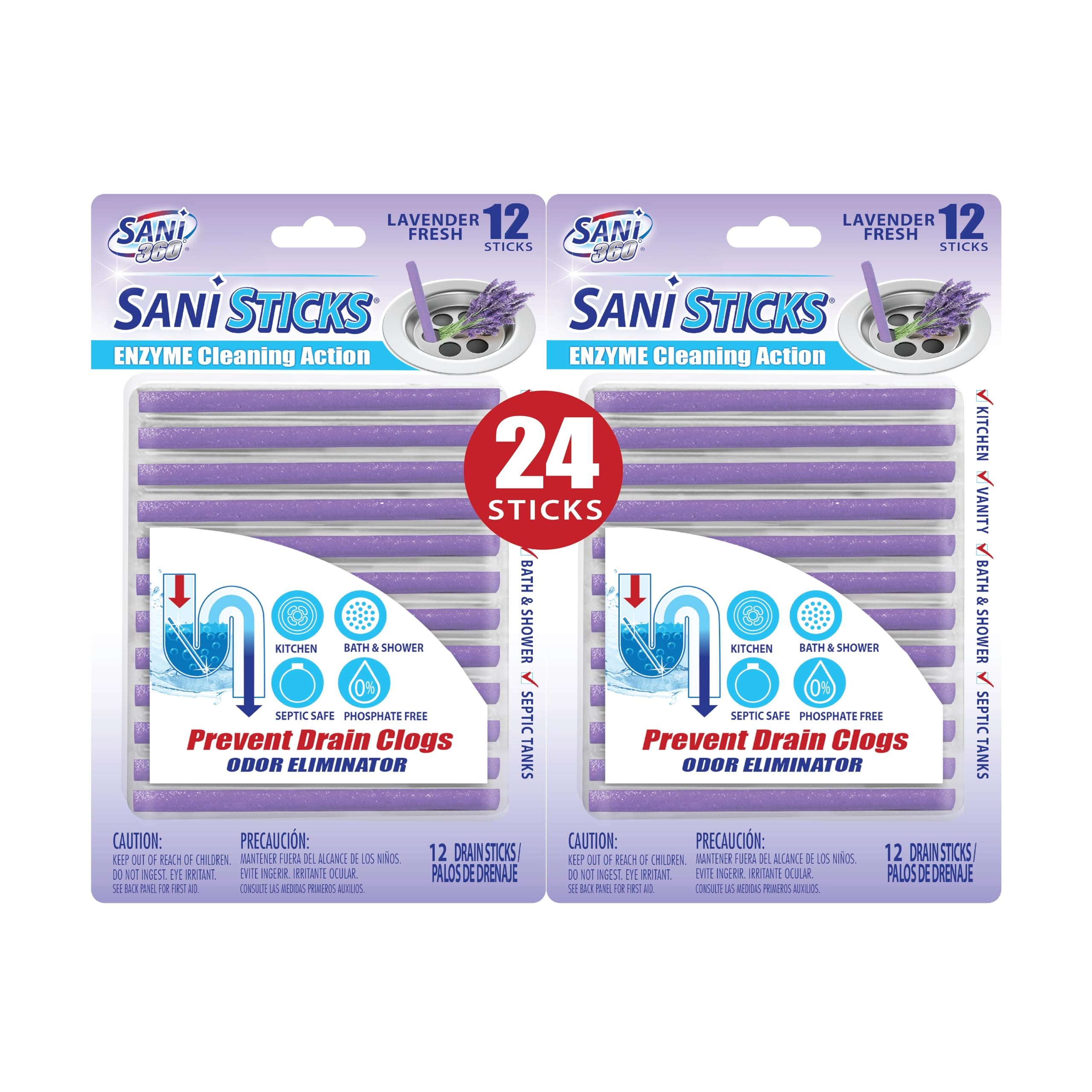 SANI 360° Sani Sticks Drain Cleaner and Deodorizer, 24 Count, Lavender Scent Enzyme Pipe Cleaners, Eliminate Odors, Prevent Clogged Drains, Safe for Sinks, Bathtub Drains, Septic Tanks