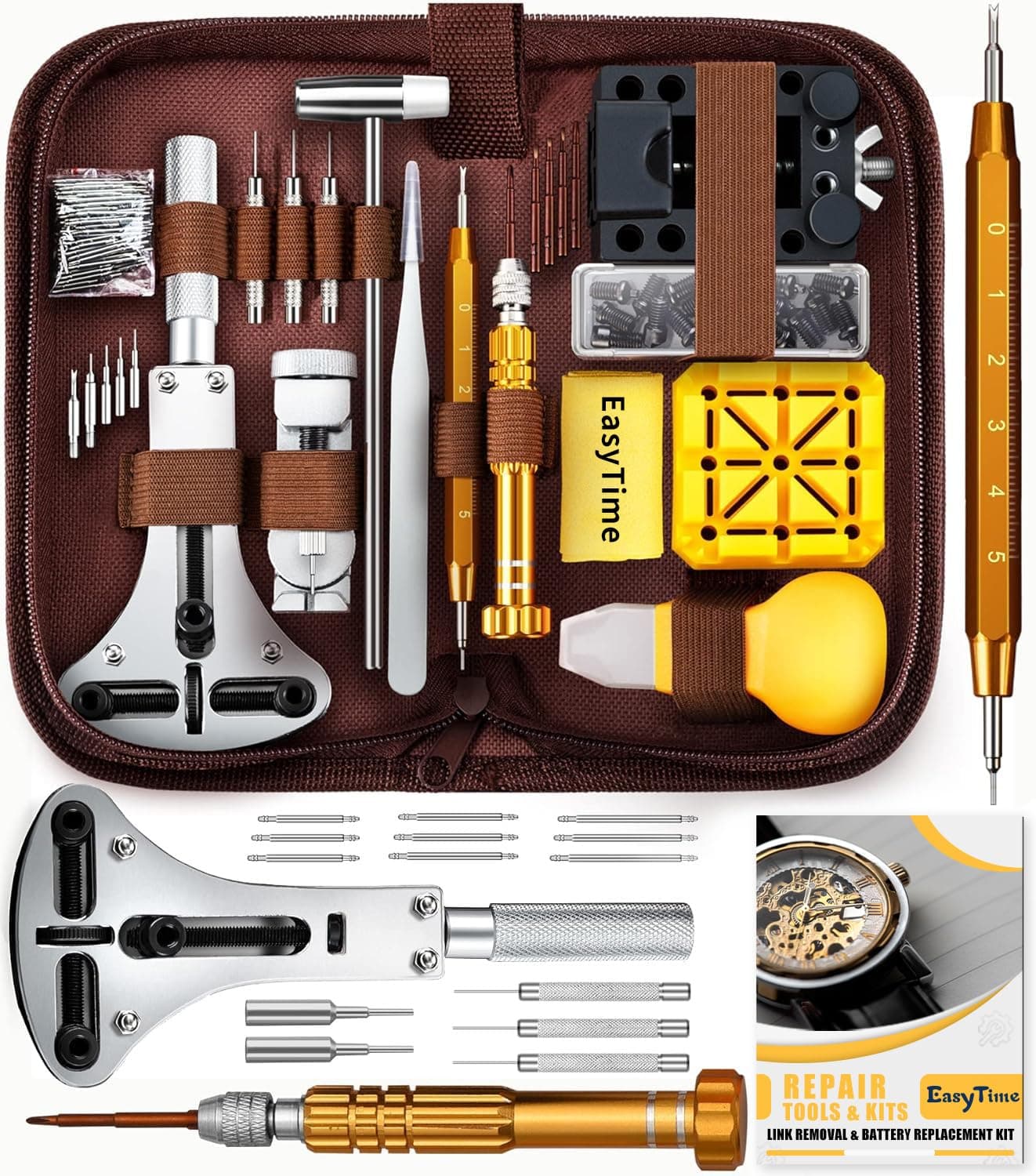 EasyTime Watch Repair Kit, Watch Link Removal Tool, Watch Band Adjustment, Watch Back Case Opener, Spring Bar, User Manual, Great for Battery Replacement and Strap Disassembly