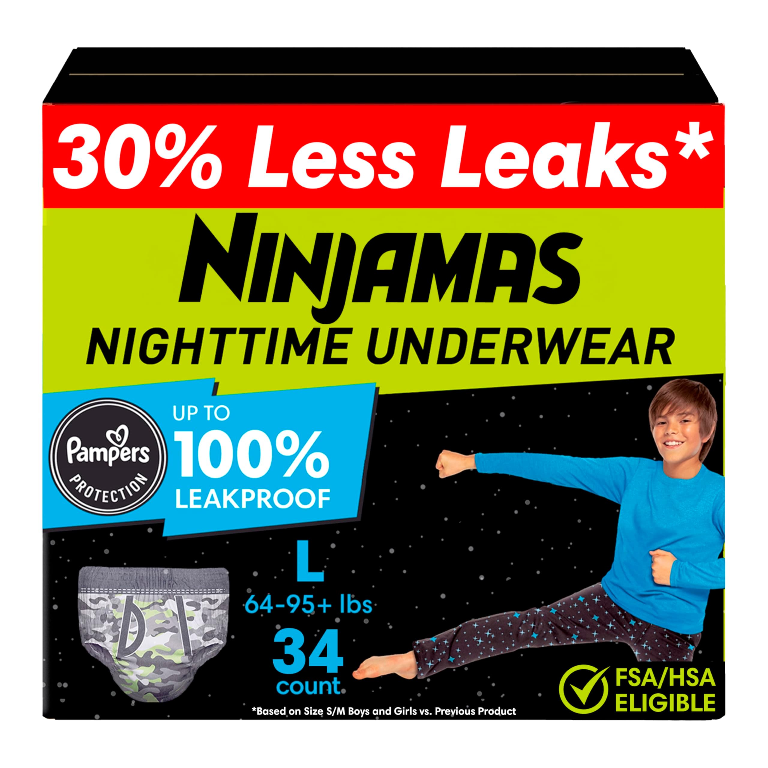 Pampers Ninjamas Nighttime Bedwetting Underwear Boys Size L (64-125 lbs) 34 Count (Packaging & Prints May Vary)
