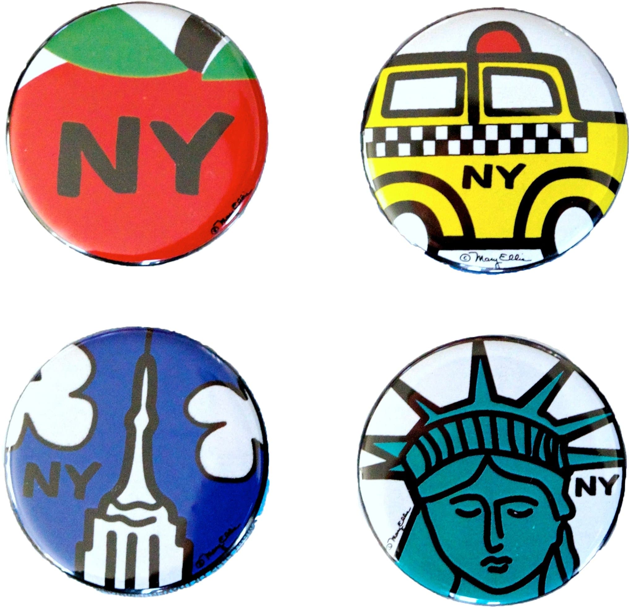 Fifth Avenue Manufacturers New York Mini Button Set of 4 1.25 inch NY City Souvenir Lapel Pins by Artist Mary Ellis (NY Set 1)