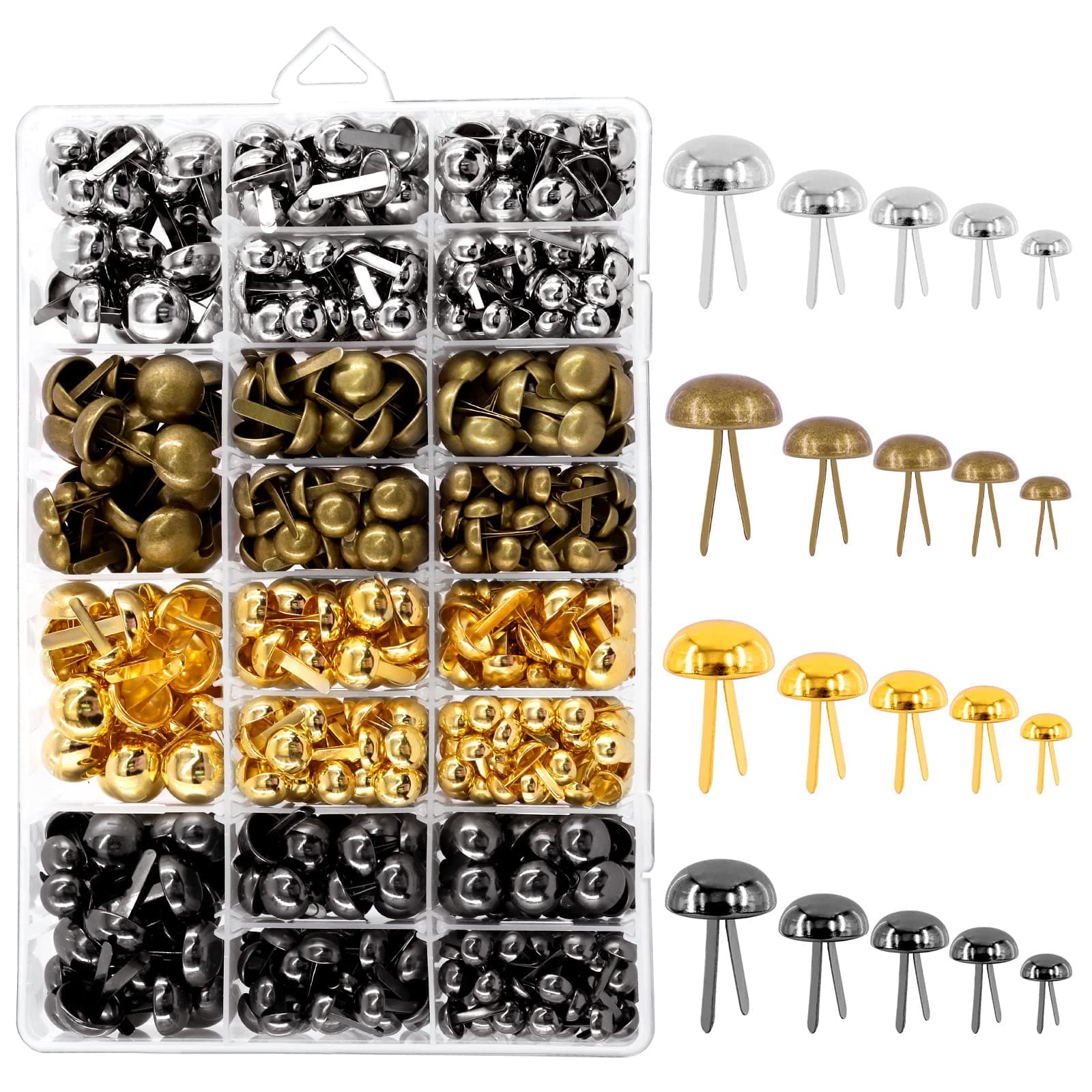 Tanstic 1200Pcs Paper Fasteners Kit 5 Sizes Brads Round Fasteners Metal Paper Fasteners Brass Plated Brads Fasteners for Scrapbooking Crafts DIY Paper(Gold, Silver, Bronze, Black)