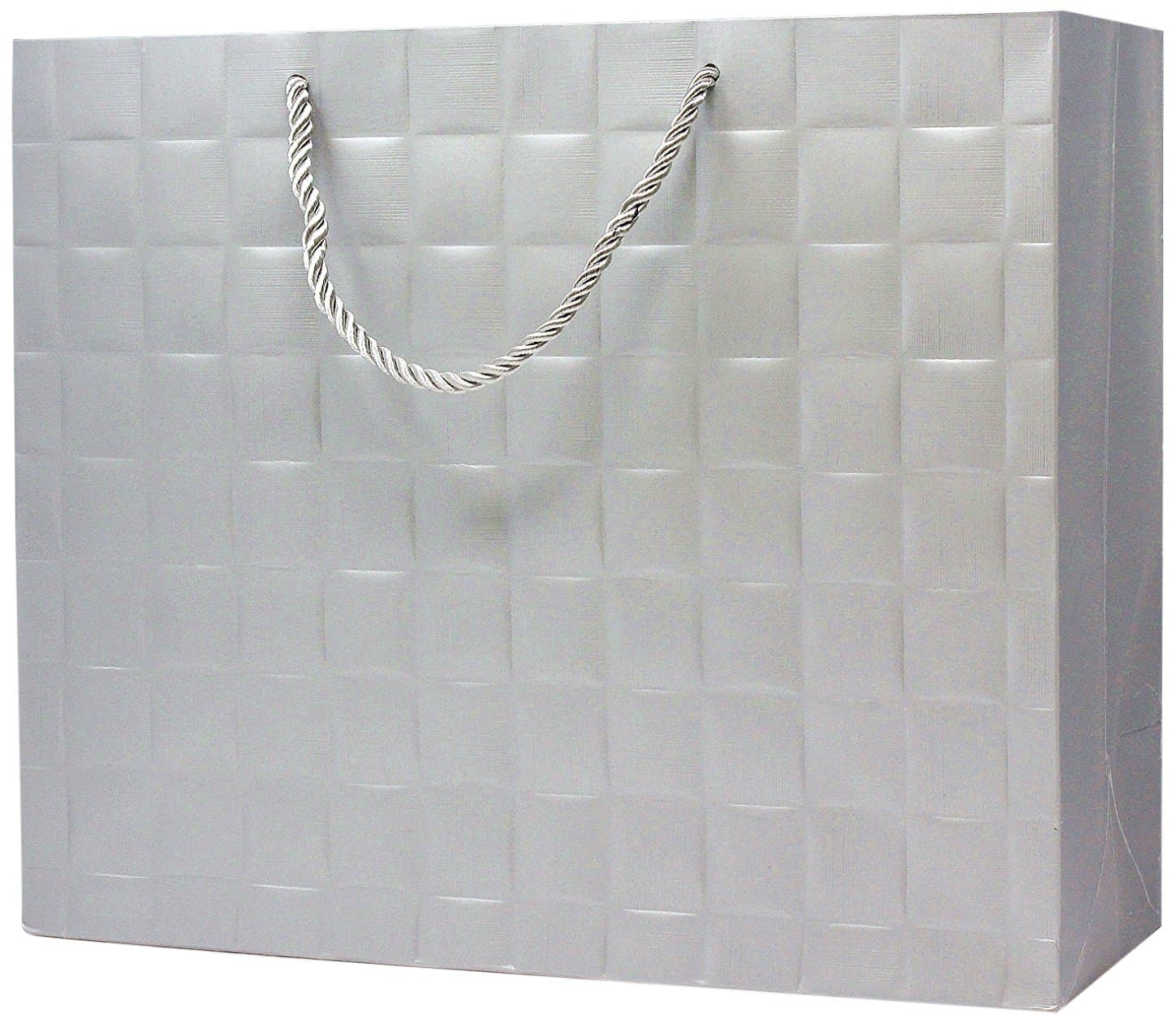 Singular Metallizing Paper Square Embossed Horizontal Paper, Shopping, Retail Bag with Rope Handle, Large, 16'' L x 12.6'' W x 4.7'' H, Silver, Set of 12