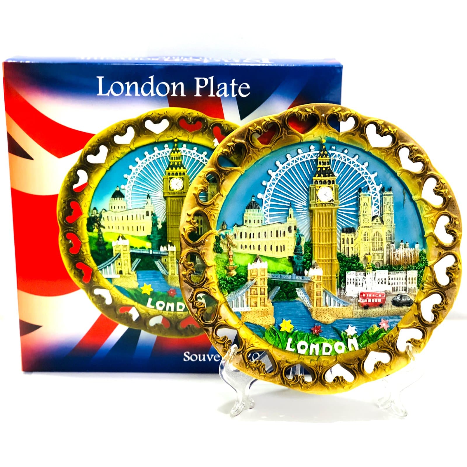 Wood Style Decorative Plate Detailing London Skyline: Big Ben, Tower Bridge and London Eye etc (Large Cutout)