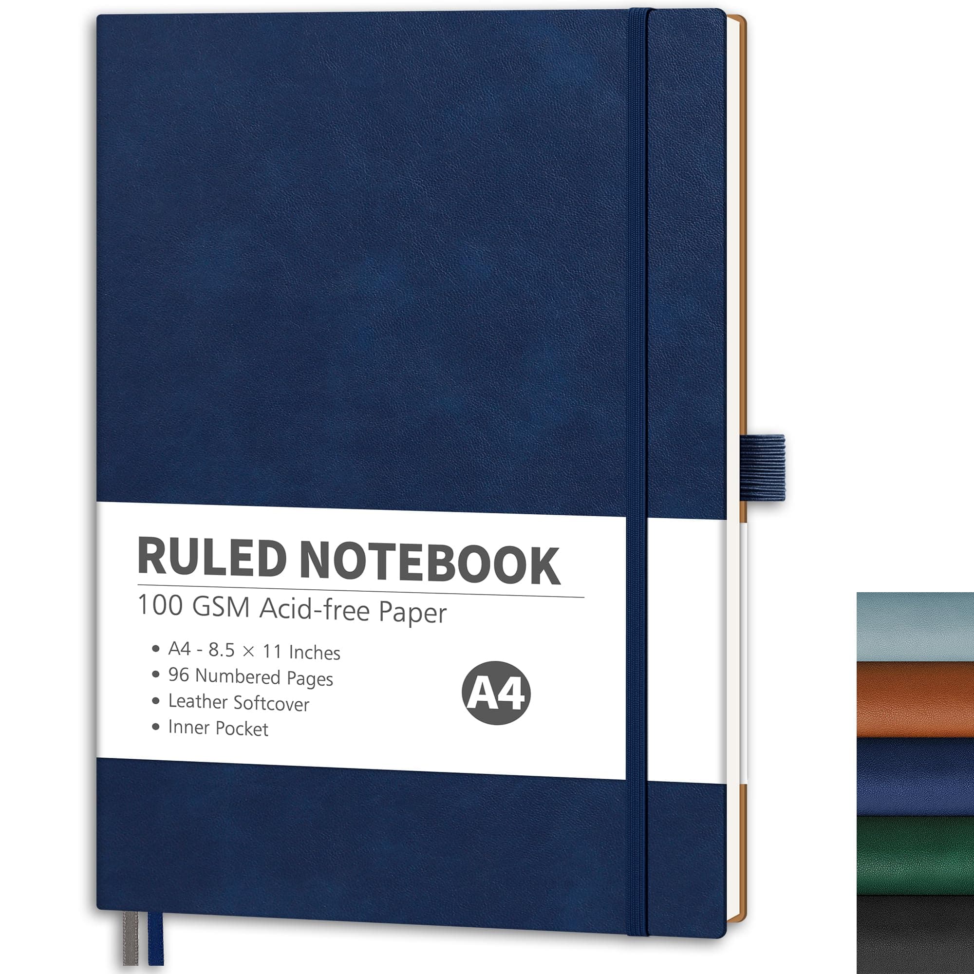 Lined Journal Notebook, 96 Numbered Pages, A4 Large Size (8.5'' x 11''), for Men & Women, Journaling, Writing, Work & Office, Leather Softcover, 100 GSM Thick Paper (Navy Blue)