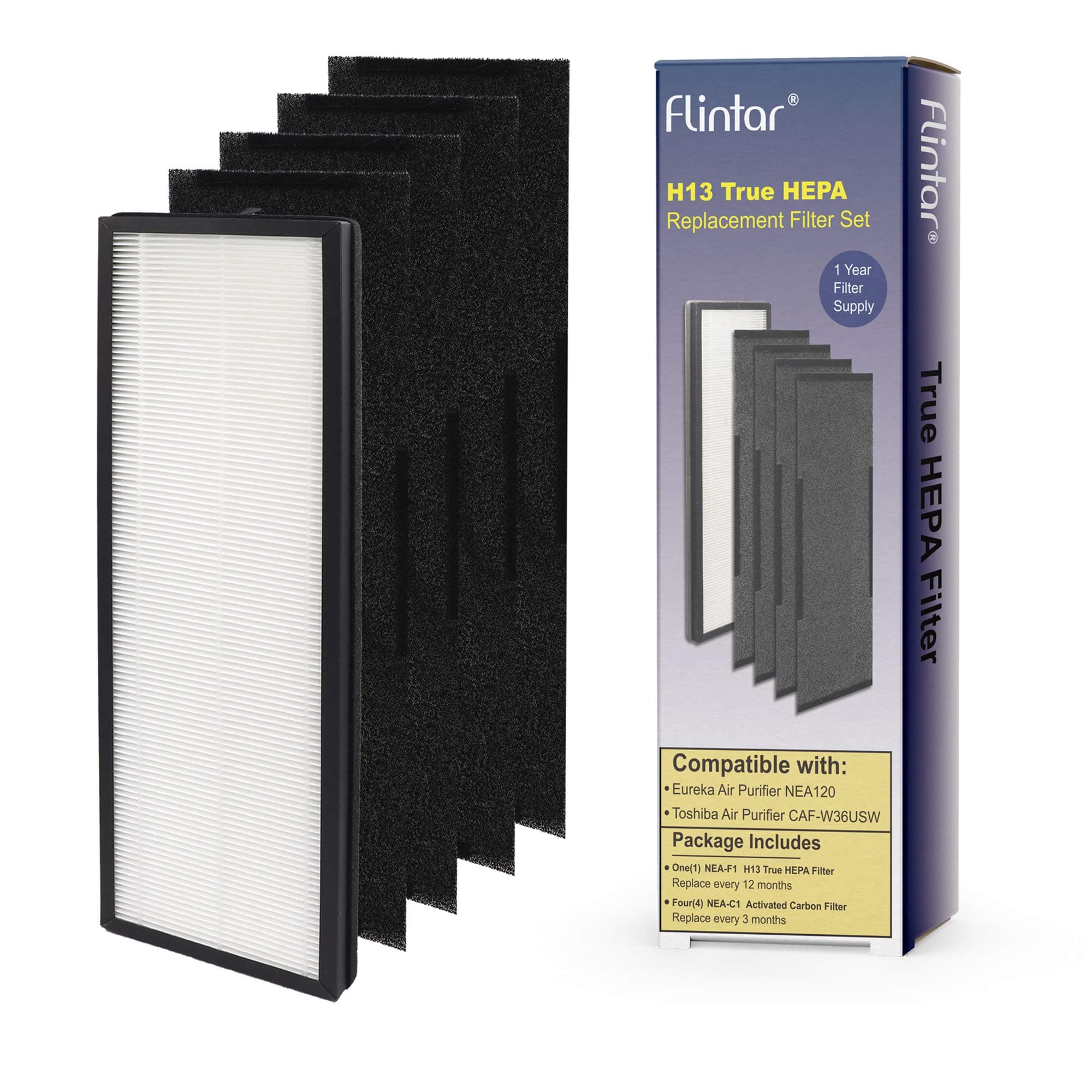 Flintar NEA120 Replacement Filter, Compatible with Eureka NEA120 and Toshiba Smart WiFi Air Purifier, H13 Grade Air Filter (NEA-F1) and 4 Activated Carbon Filters (NEA-C1)