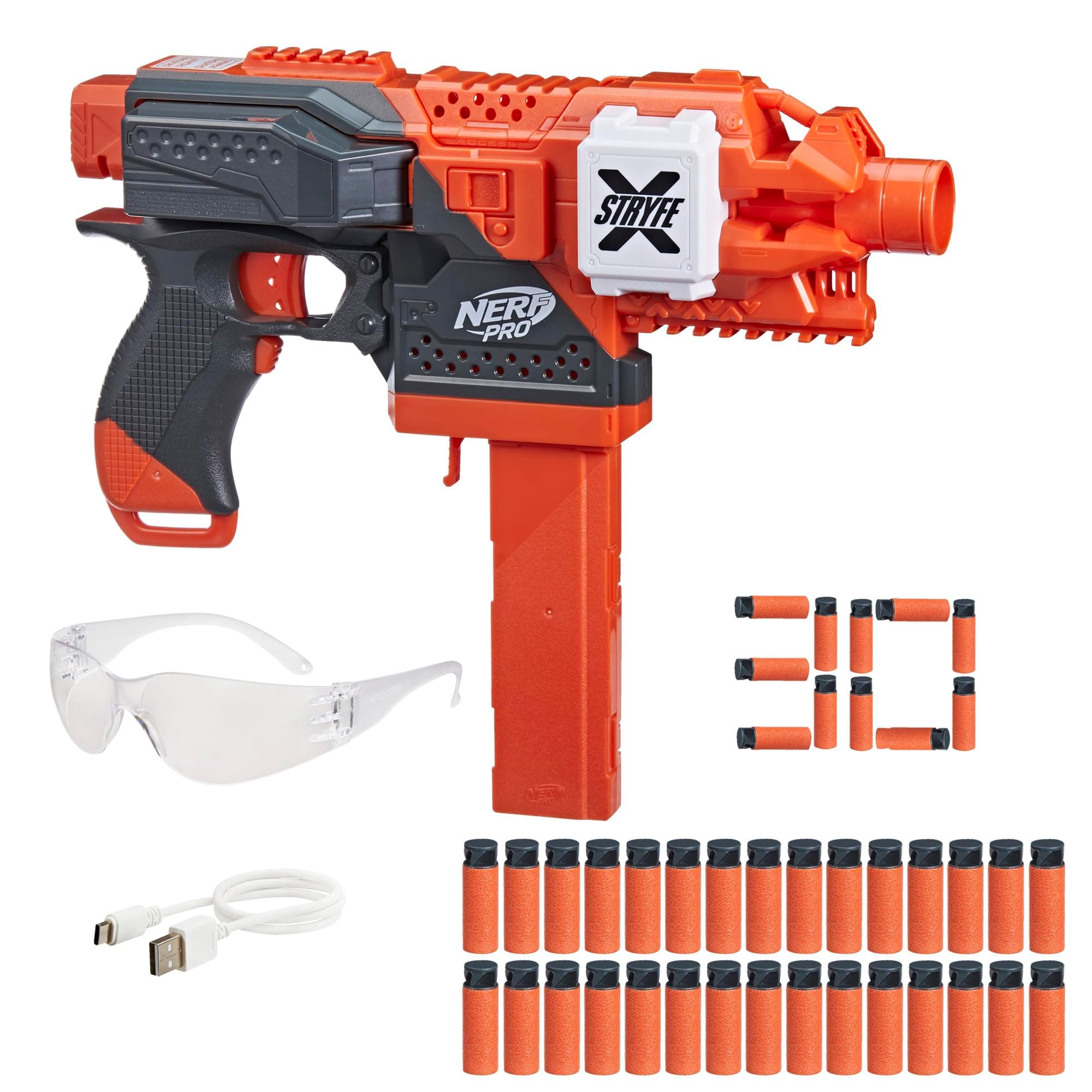 Pro Stryfe X Dart Semi-Auto Blaster, Rechargeable LiPo Battery, 30 AccuStrike Half-Length Darts, 15-Dart Magazine, 150 FPS, Eyewear, 14+ (Amazon Exclusive)