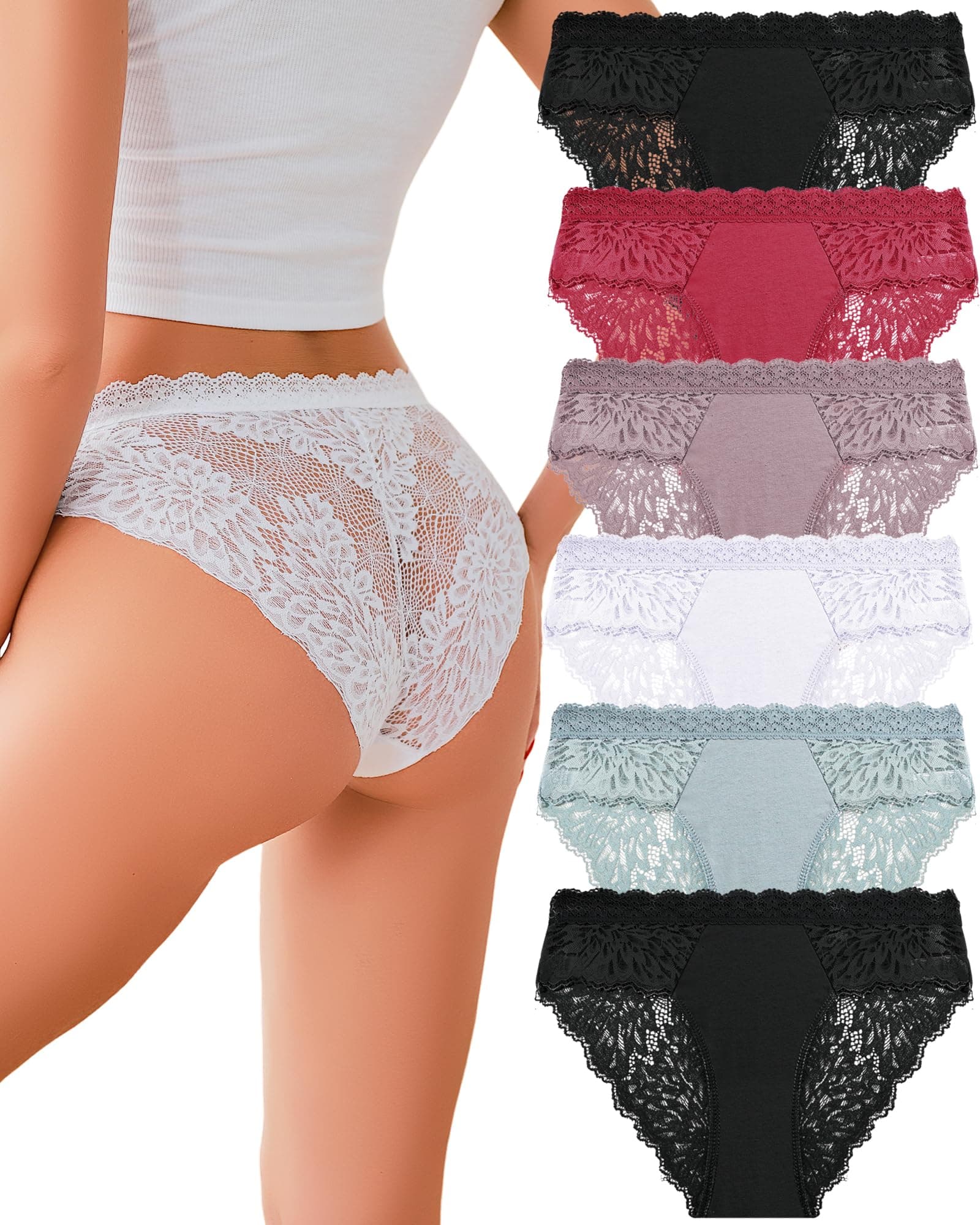 Sexy Underwear for Women Lace Bikini Panties Low Rise Cotton Hipster Stretch Ladies Cheeky Panty 6 Pack