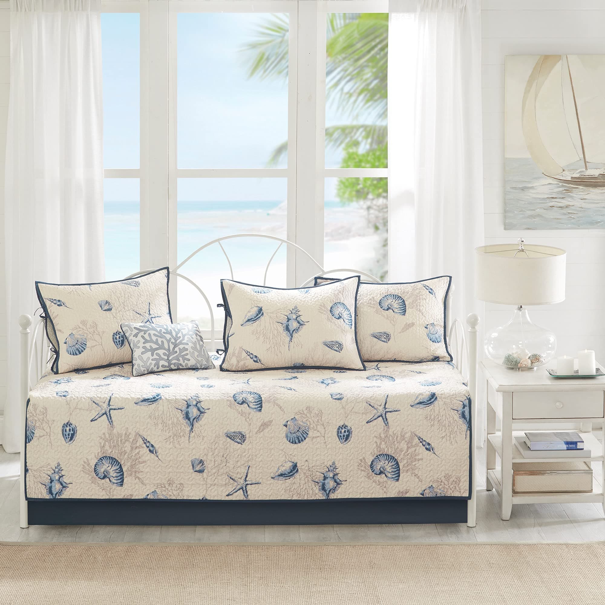 Madison Park Bayside Daybed Size Quilt Bedding Set - Blue, Khaki, Seashells - 6 Piece Bedding Quilt Coverlets - 100% Cotton Sateen Bed Quilts Quilted Coverlet