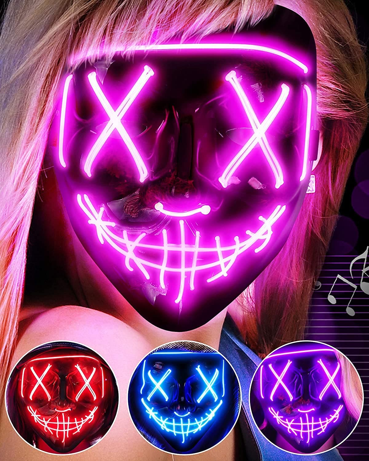 ColplayLED Light Up Halloween Mask, Scary Rave Glow LED Face Mask with 3 Lighting Modes & El Wire for Costume&Cosplay Party