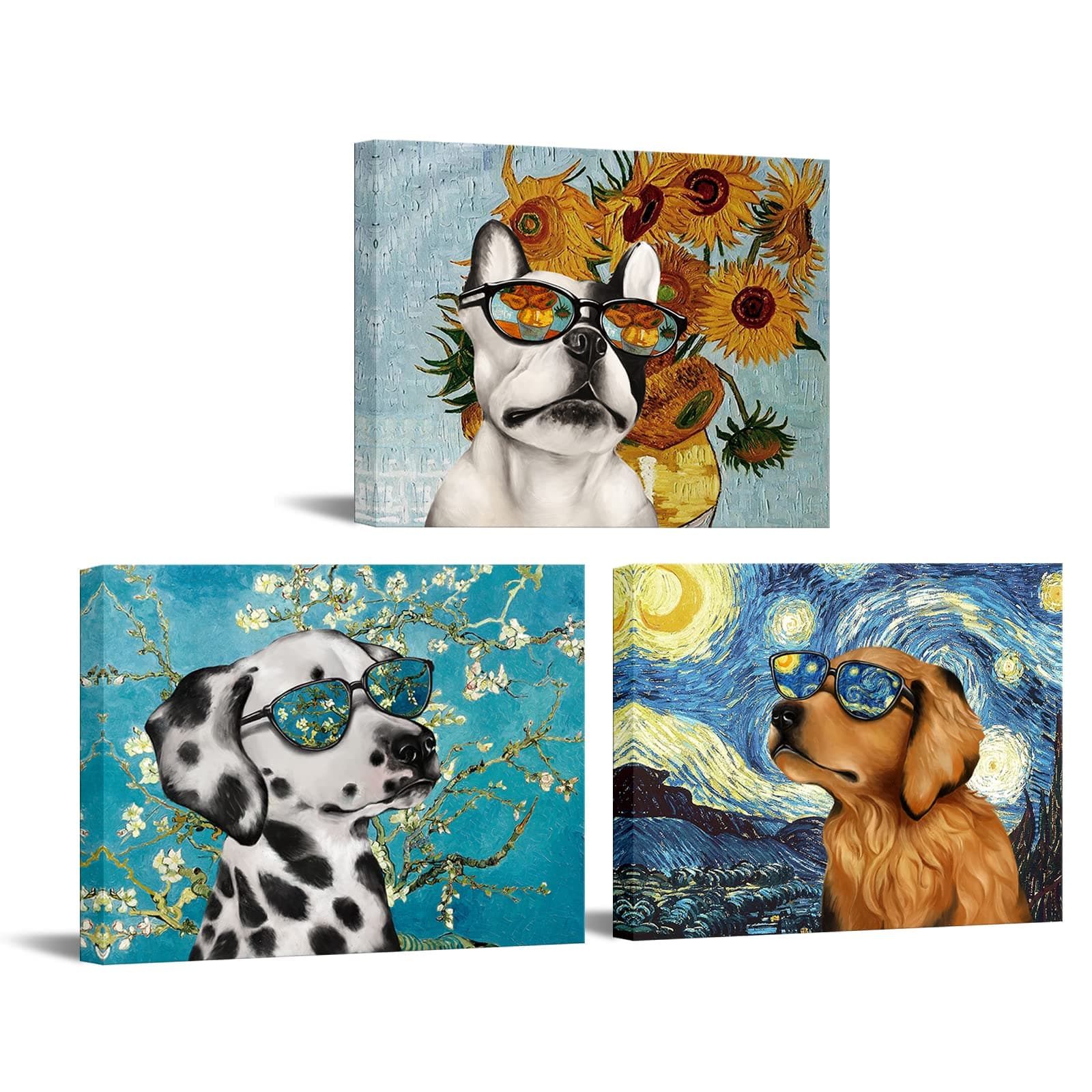 Visual Art Decor Creative Dog Picture for Wall Decor Van Gogh Starry Night Sunflower Sunflower Painting Prints in Dog's Sunglasses Bulldog Dalmatian Golden Retriever Poster for Living Room Pet Club Bedroom Deocration